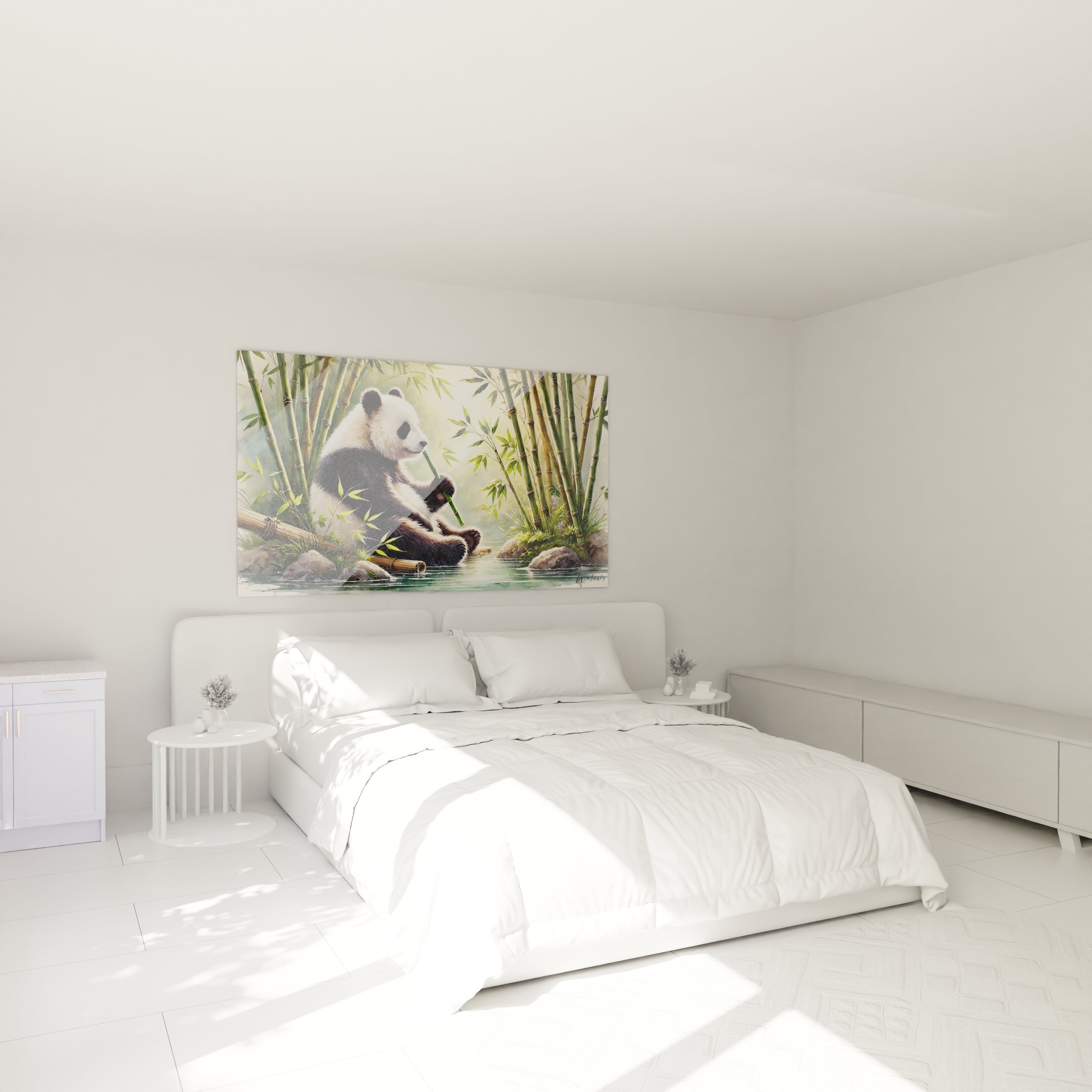 Tableau panda geant dans une chambre. Apportez une ambiance apaisante avec ce panda au-dessus du lit. Les details realistes et le cadre de bambous creent un espace zen ideal pour la detente.

