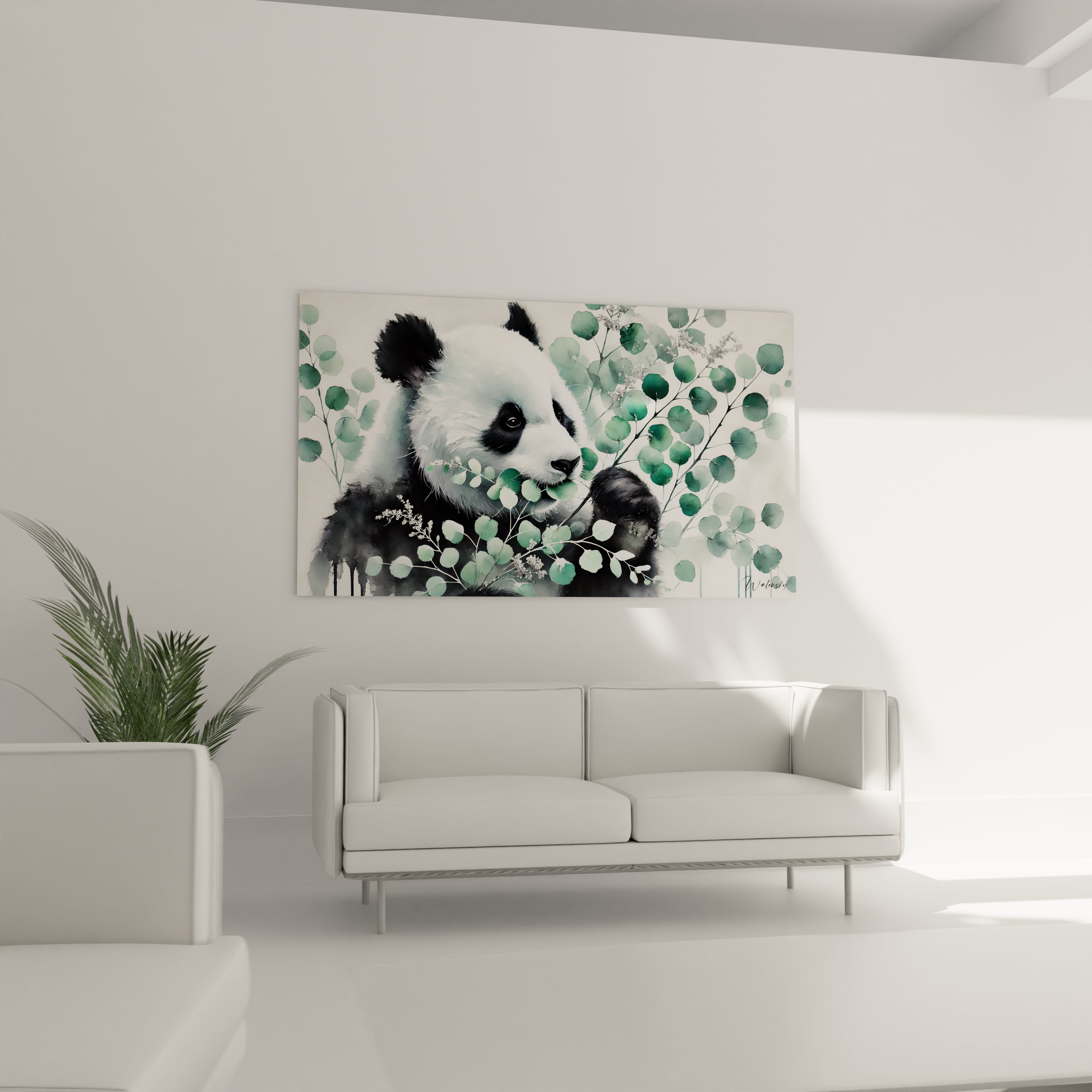 Tableau panda geant au dessus d un canape dans le salon. Ajoutez une touche de nature et de serenite a votre decoration avec ce panda en aquarelle entouré de feuillages.

