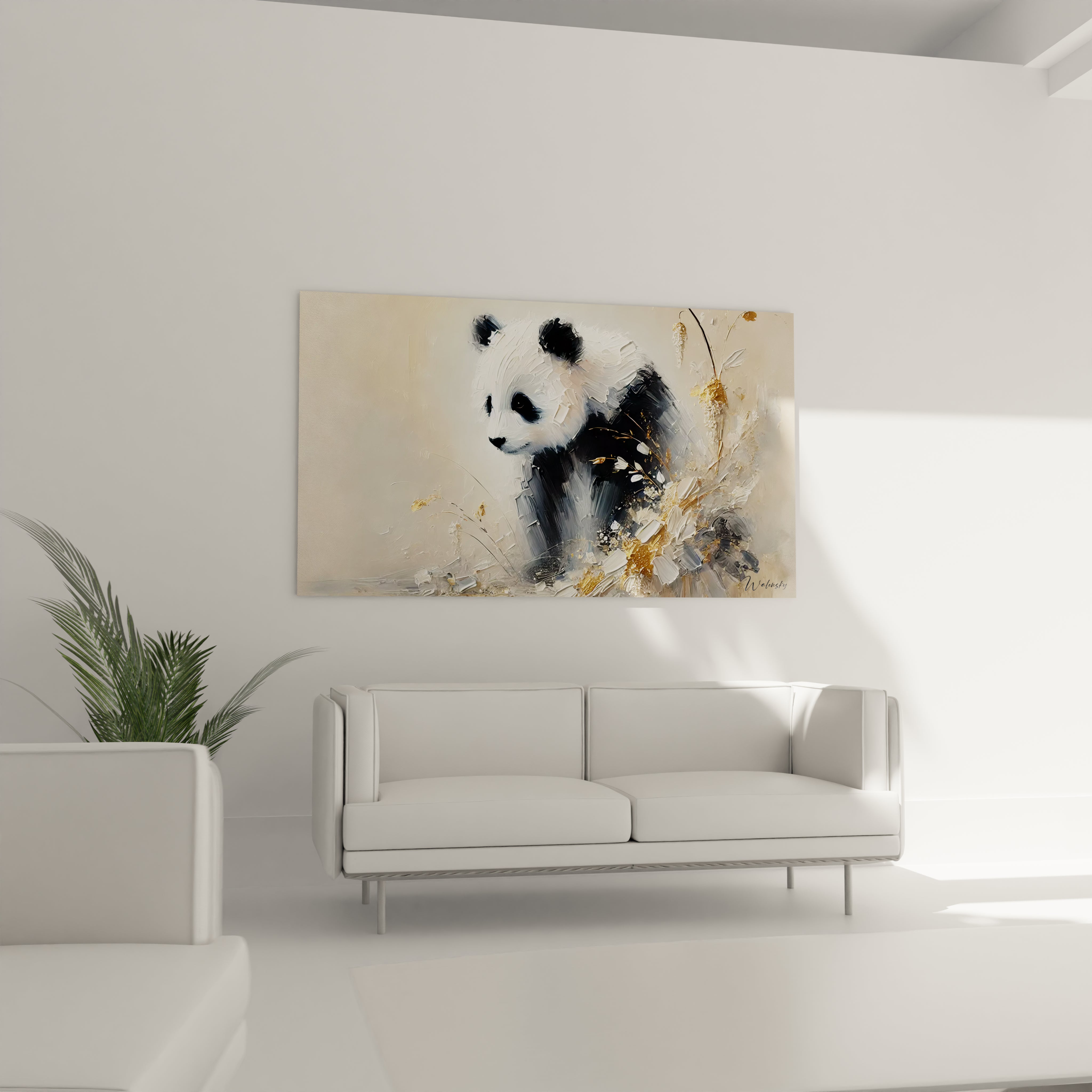 tableau panda geant accroché au-dessus du canapé, ajoutant une note de sophistication au salon. Les touches d'or illuminent la piece, tandis que le style moderne et texturé evoque une presence poetique et apaisante

