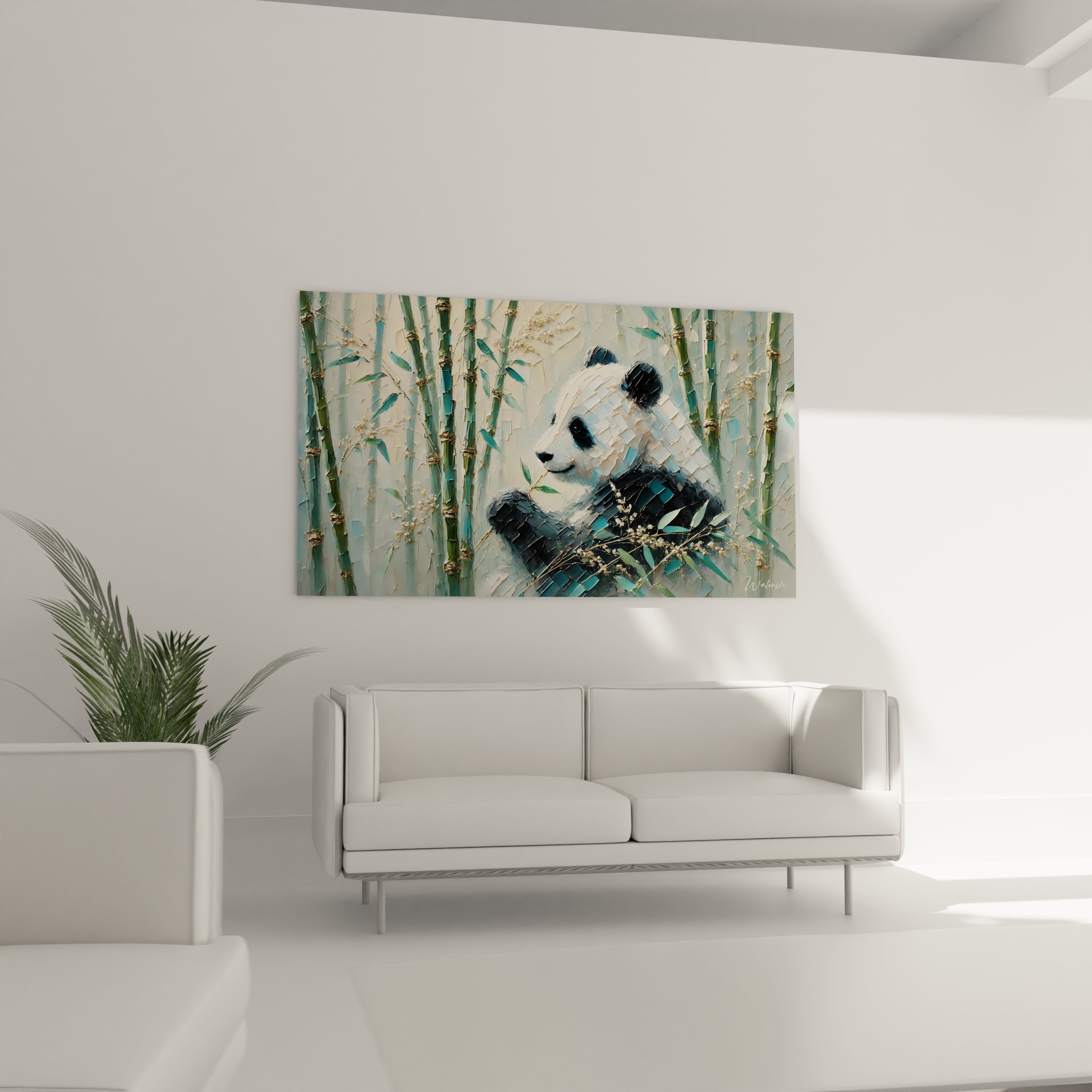 tableau panda geant accroche dans un salon : ce tableau texturé avec des tons verts et beiges apporte de la fraicheur et une ambiance zen. Ideal au dessus d'un canapé pour une decoration captivante et vivante.

