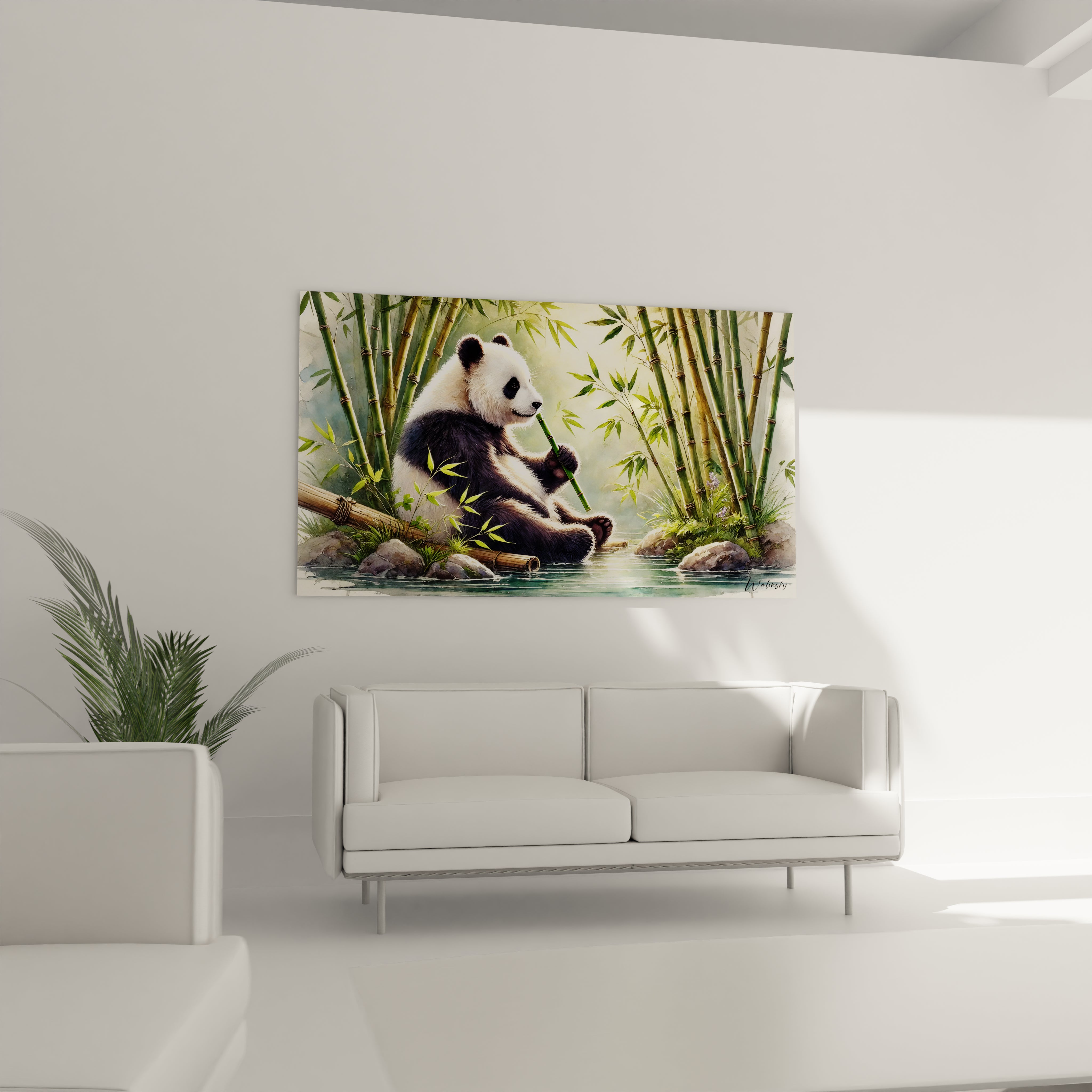 Tableau panda geant au-dessus d un canape. Ce tableau realiste du panda cree une harmonie parfaite dans votre salon, evoquant serenite et connexion avec la nature grace aux bambous verts luxuriants.

