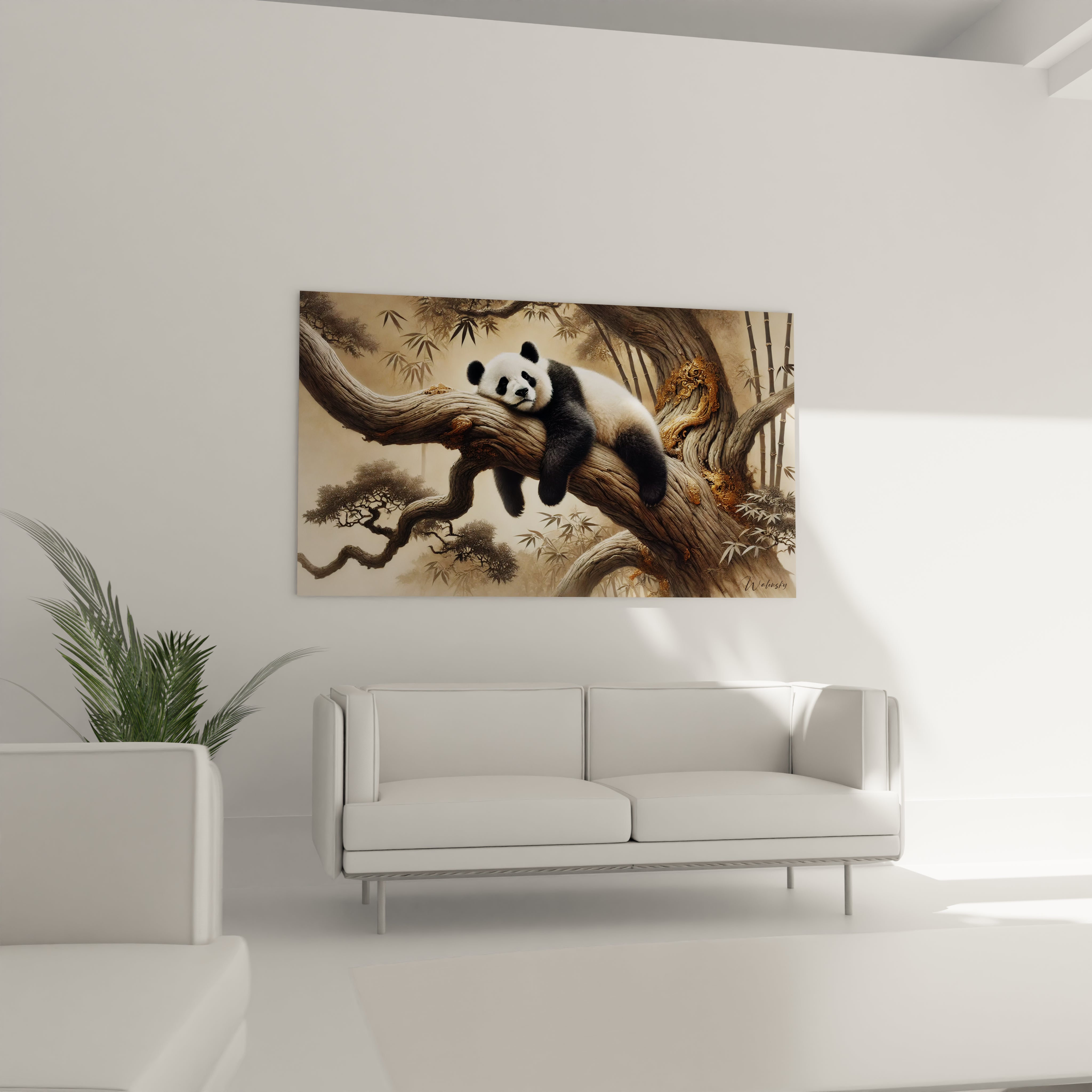 Ce tableau panda geant au-dessus du canapé transforme votre salon en un espace de relaxation. Ses details riches et ses couleurs douces creent une atmosphere de calme et de serenite.
