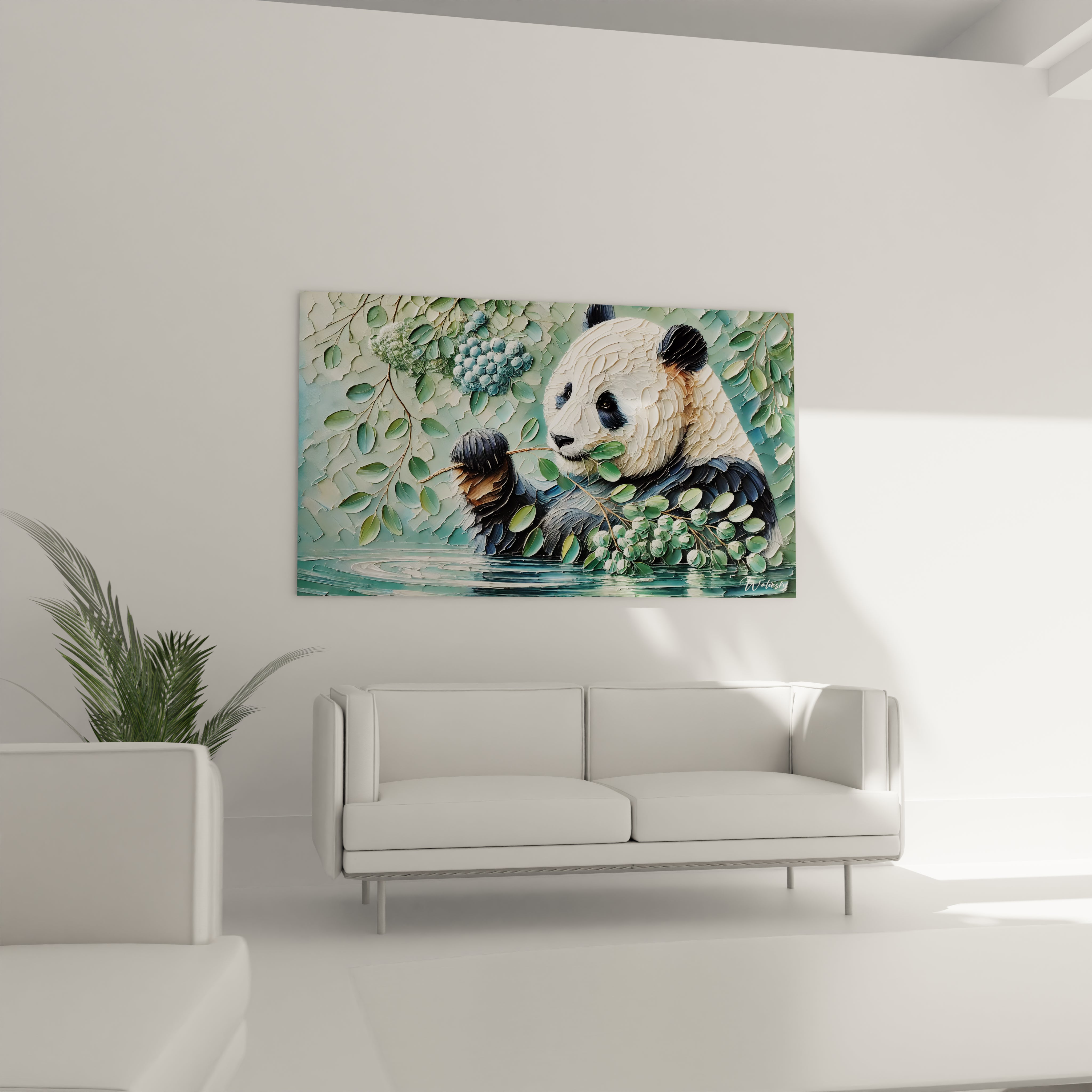 Ce tableau panda geant, accroché au-dessus d un canapé, ajoute une touche de nature et de douceur a votre salon. Le panda realiste et les tons verts et bleus apportent une tranquillité inspiree de la nature.

