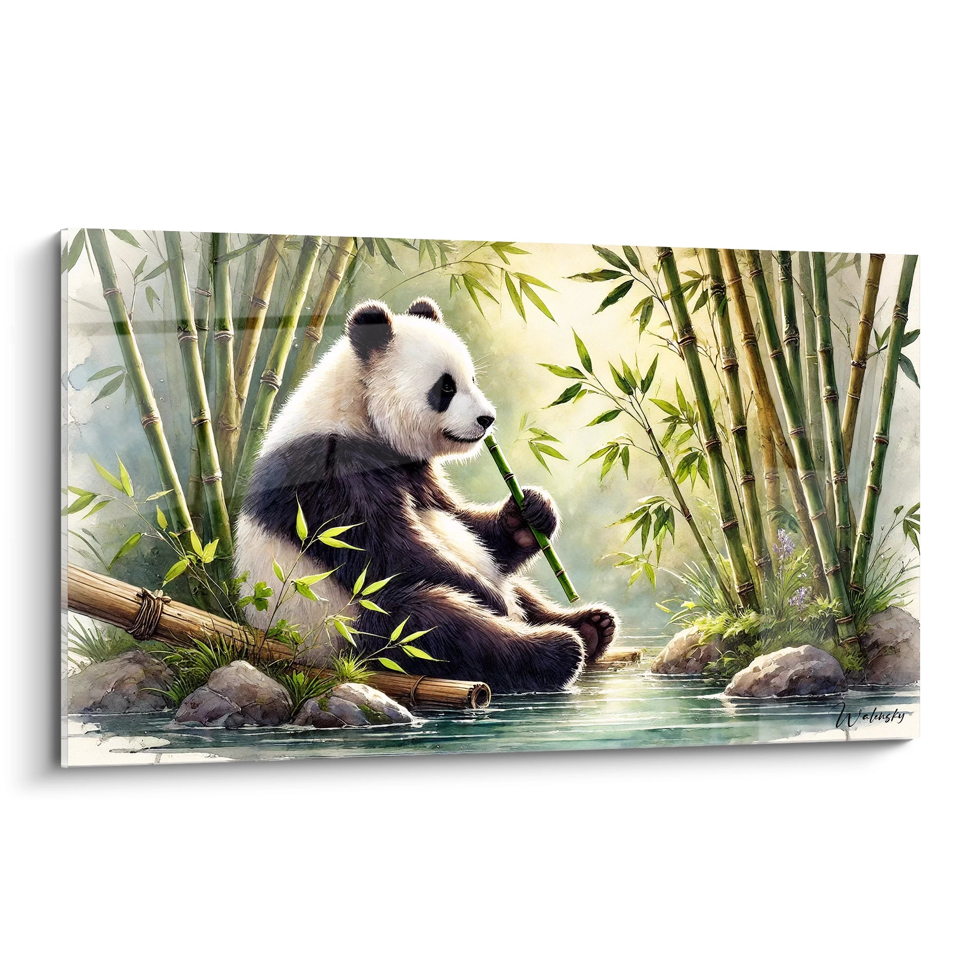 Tableau panda geant vue de biais. Un panda paisible dans une foret de bambous, offrant serenite et connexion avec la nature. Ideal pour une touche de calme dans votre decoration murale.

