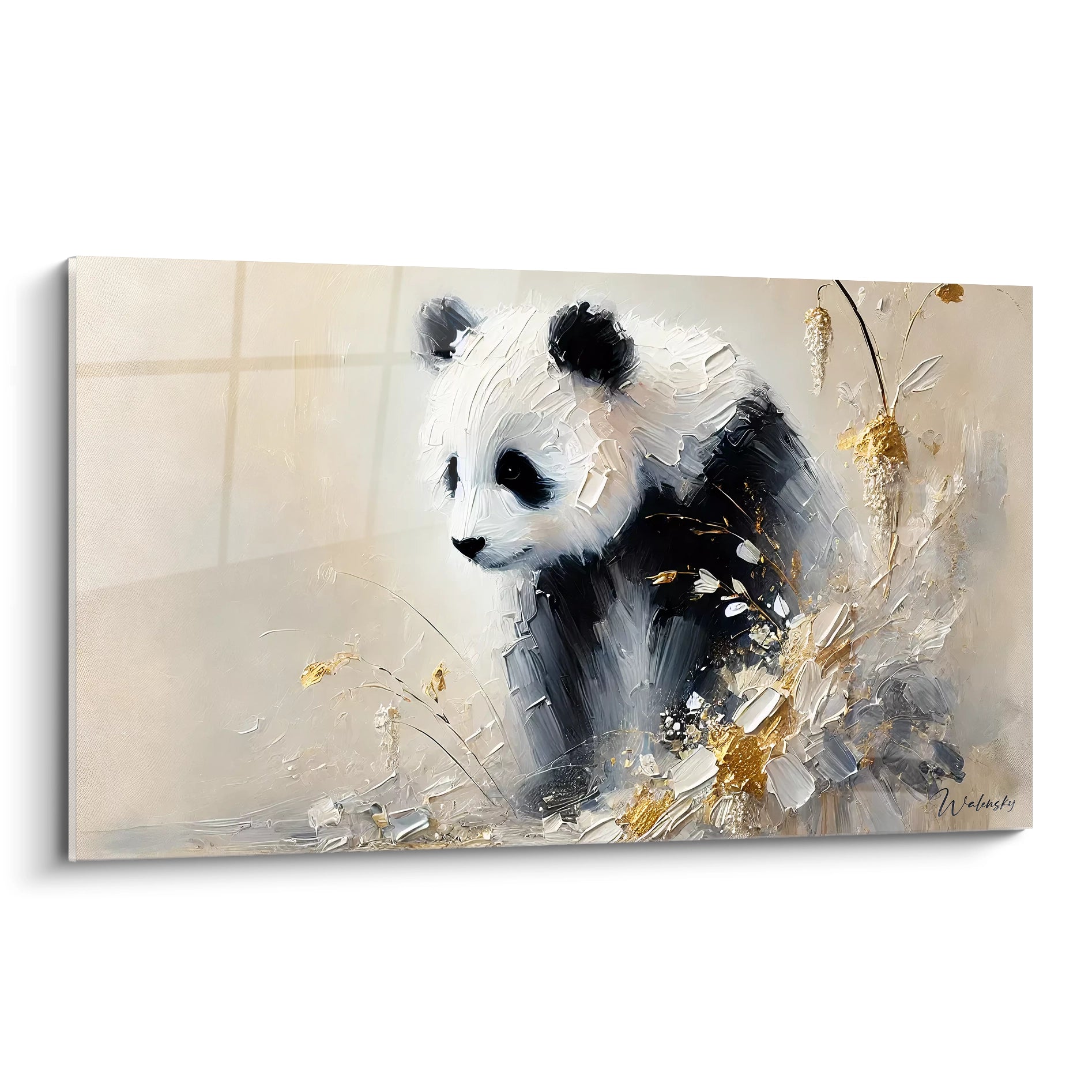 tableau panda geant en style moderne avec textures epaisses et tons neutres, evoquant une ambiance poetique. Les fleurs dorees ajoutent une touche elegante et sophistiquée. Ideal pour une deco contemporaine

