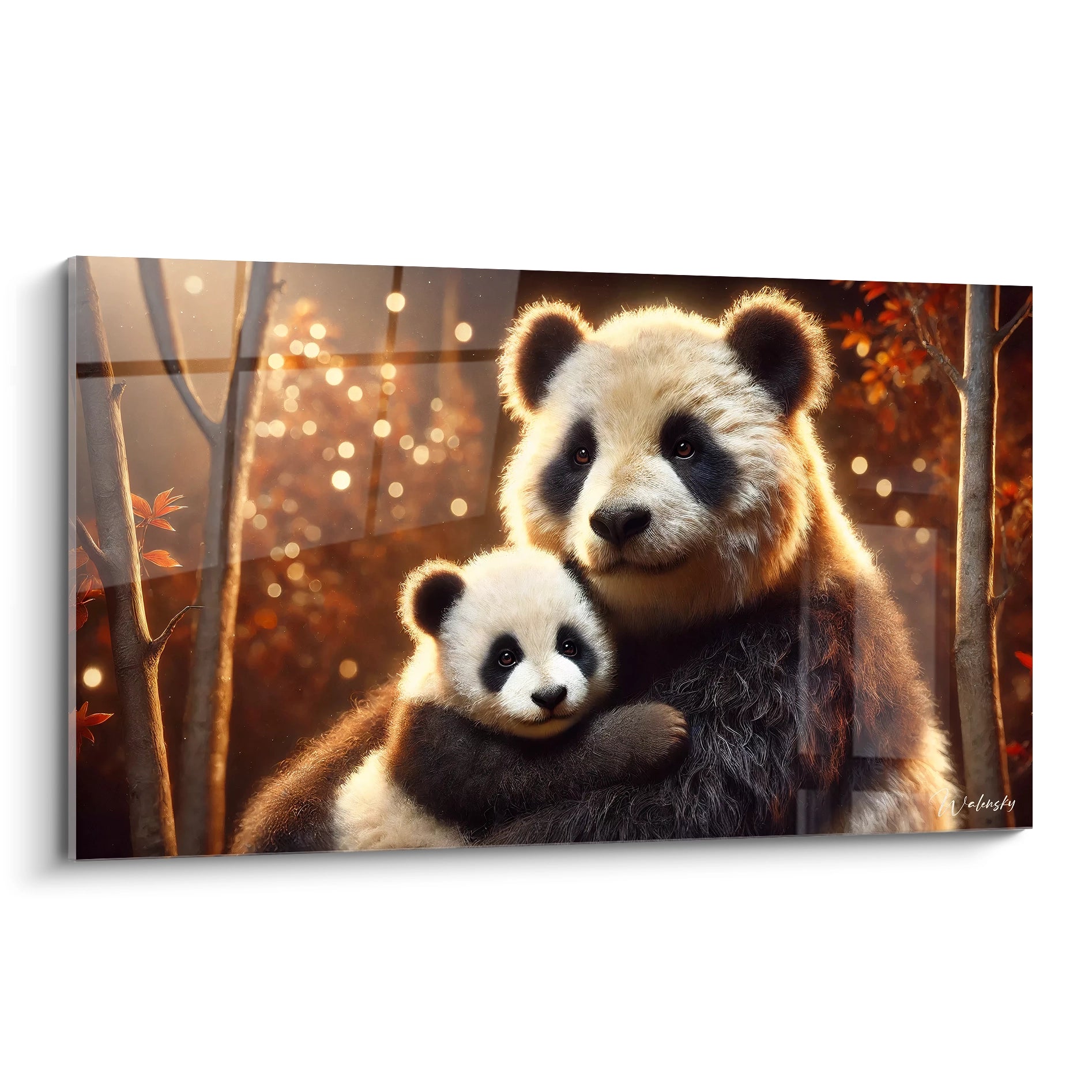 Vue de biais du tableau panda geant representant un moment tendre entre une mere et son petit, enveloppe dans une lumiere doree qui ajoute chaleur et emotion. Ideal pour creer une ambiance douce.
