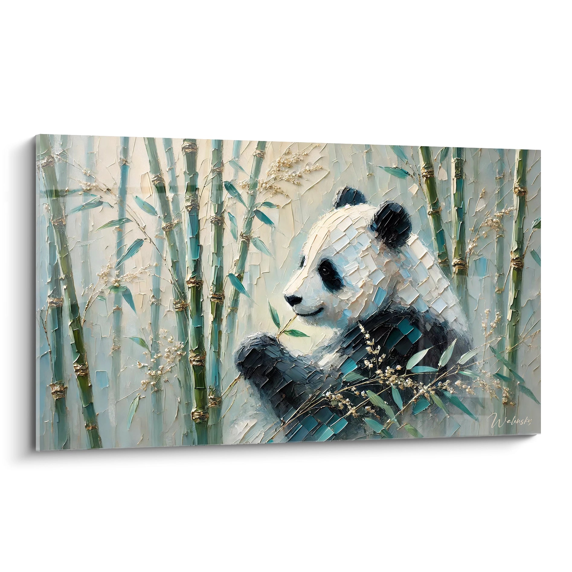 tableau panda geant en presentation : texture unique, contraste doux entre le vert des bambous et le blanc du panda, expression sereine. Ideal pour un salon ou une chambre, ajoute une touche naturelle.

