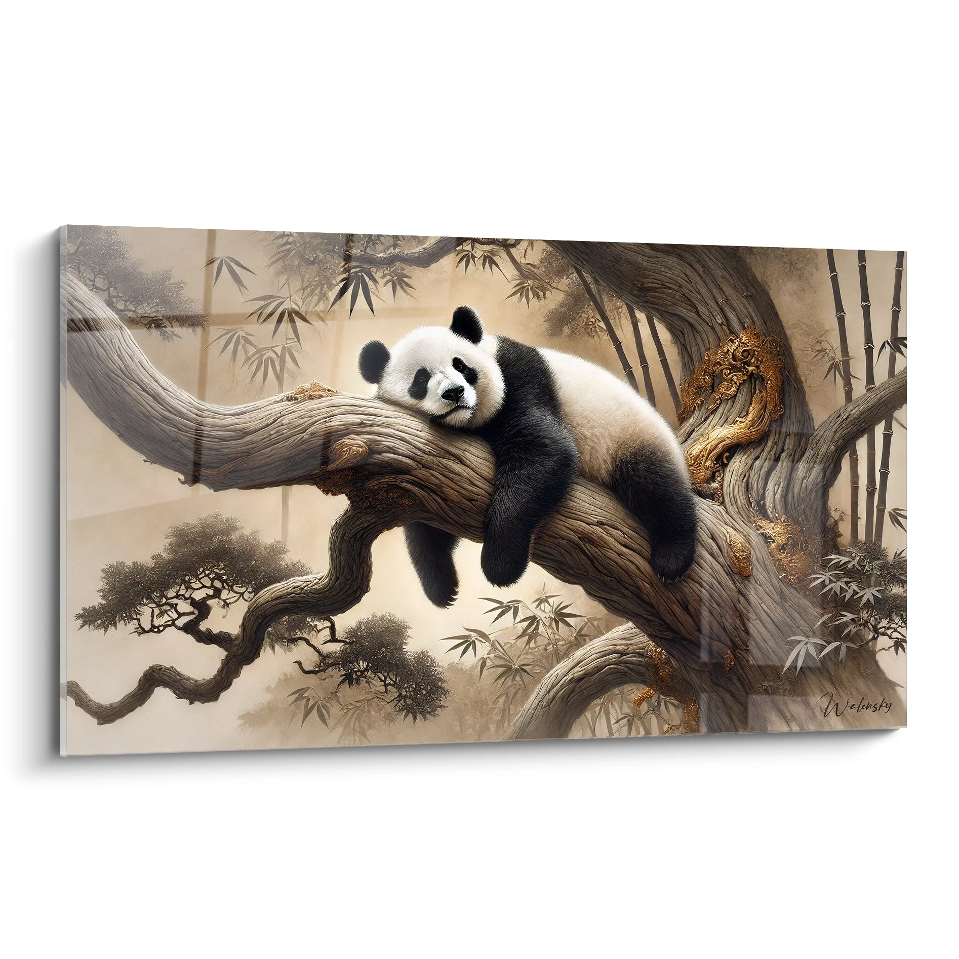 Admirez ce tableau panda geant avec ses details dorés et sa texture realiste. Vue de biais, il illustre un panda lové sur une branche, ajoutant serenite et calme a votre interieur.
