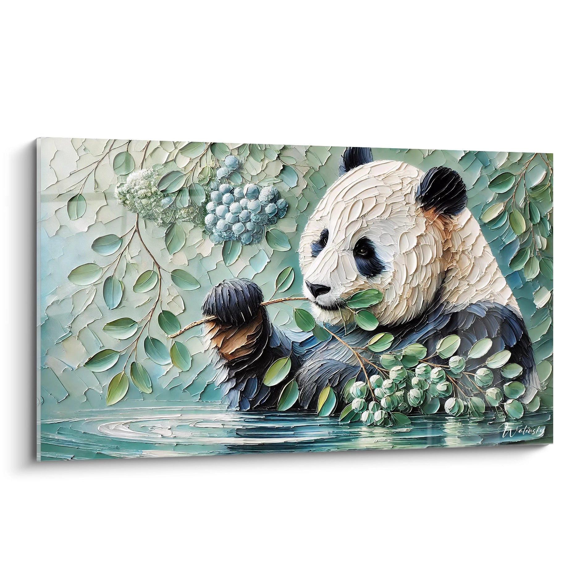 Ce tableau panda geant presente un panda savourant des feuilles, avec une texture en relief. Vue de biais, on apprecie la profondeur des coups de pinceau qui rendent l'oeuvre presque sculpturale.

