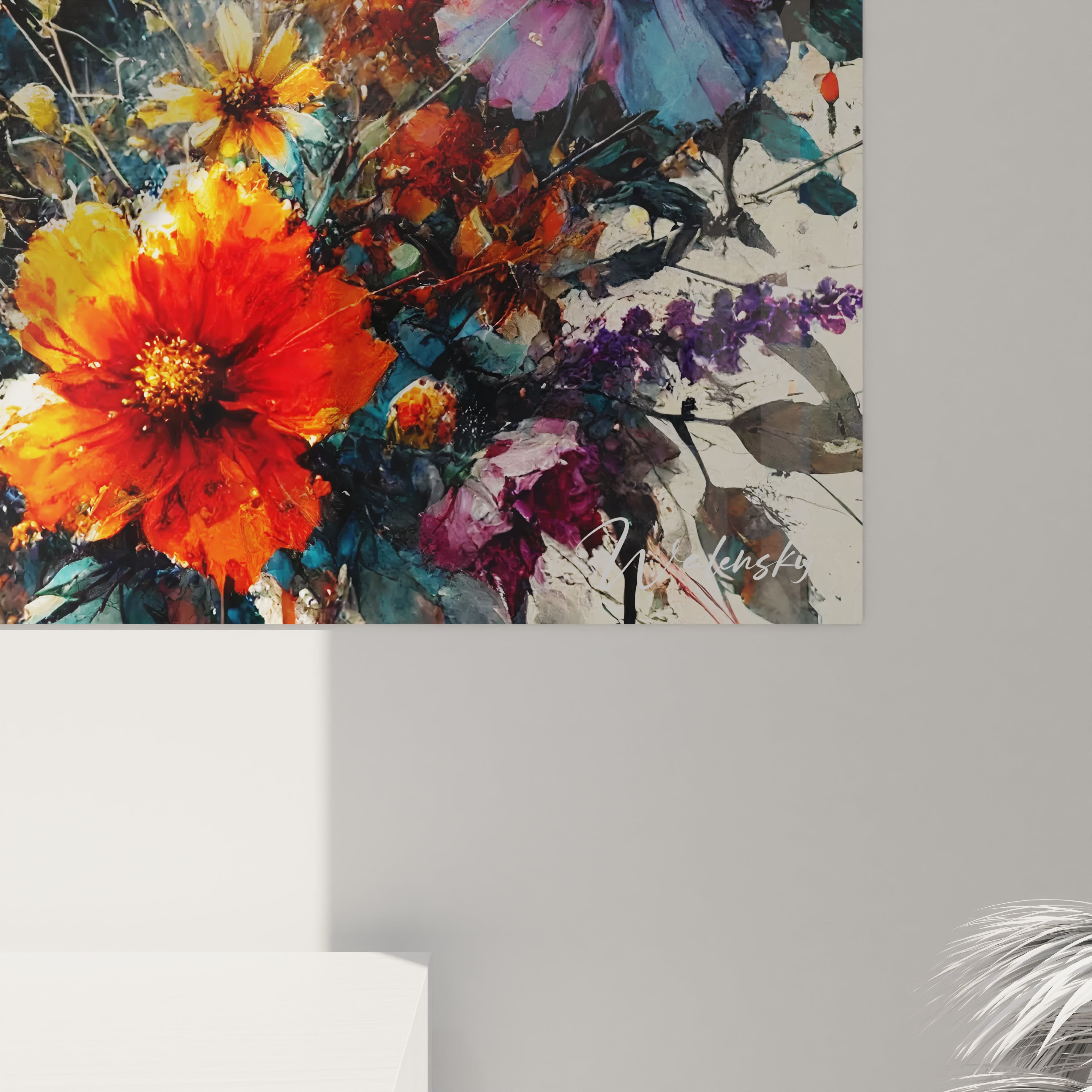 Gros plan du tableau panda geant. Les couleurs eclatantes et les textures florales energiques mettent en valeur la splendeur du panda. Une oeuvre captivante qui apporte vitalite et chaleur.






