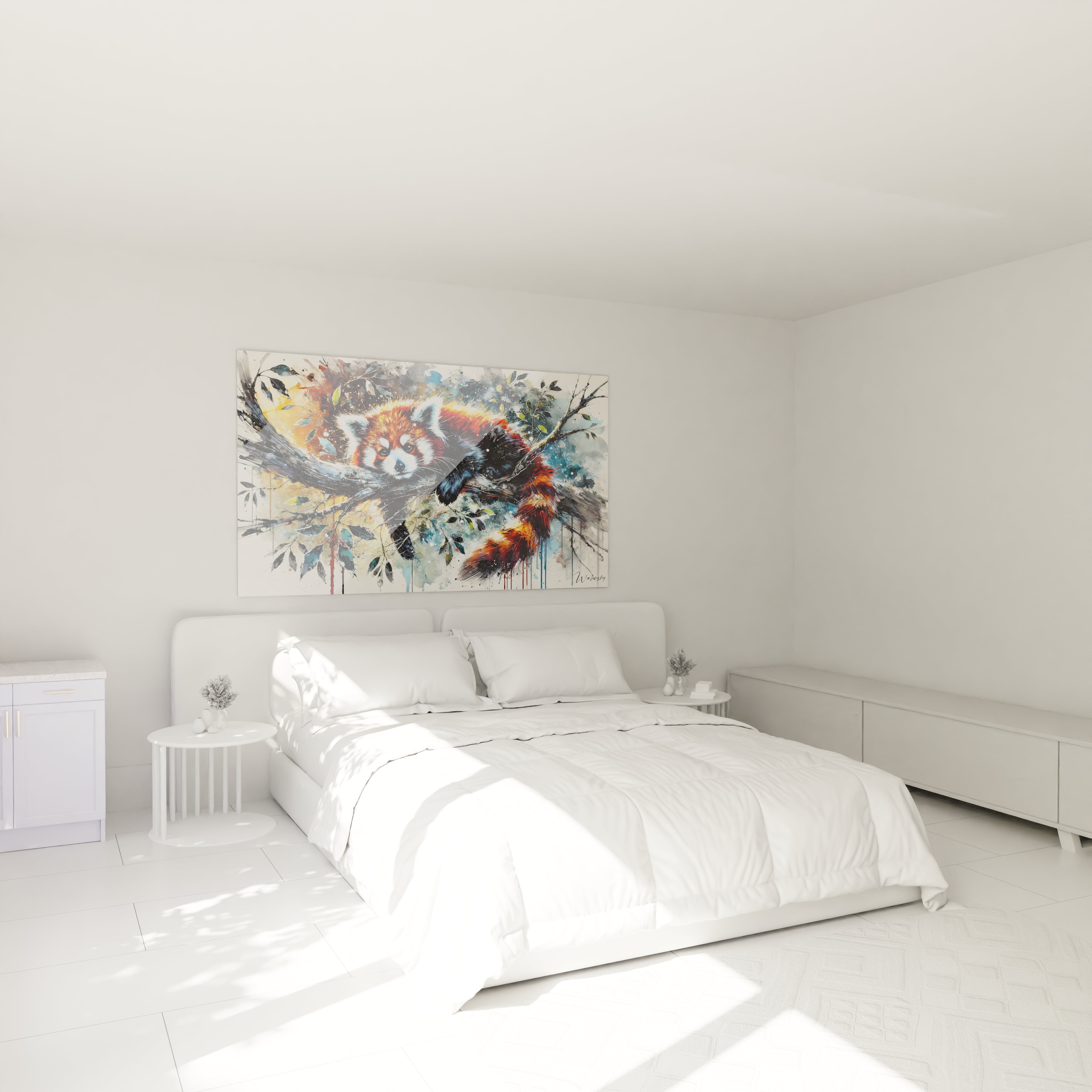 Sublimez votre chambre avec ce tableau panda roux au-dessus du lit. L'atmosphère naturelle et les couleurs éclatantes créent une ambiance apaisante et chaleureuse, idéale pour un espace de détente.

