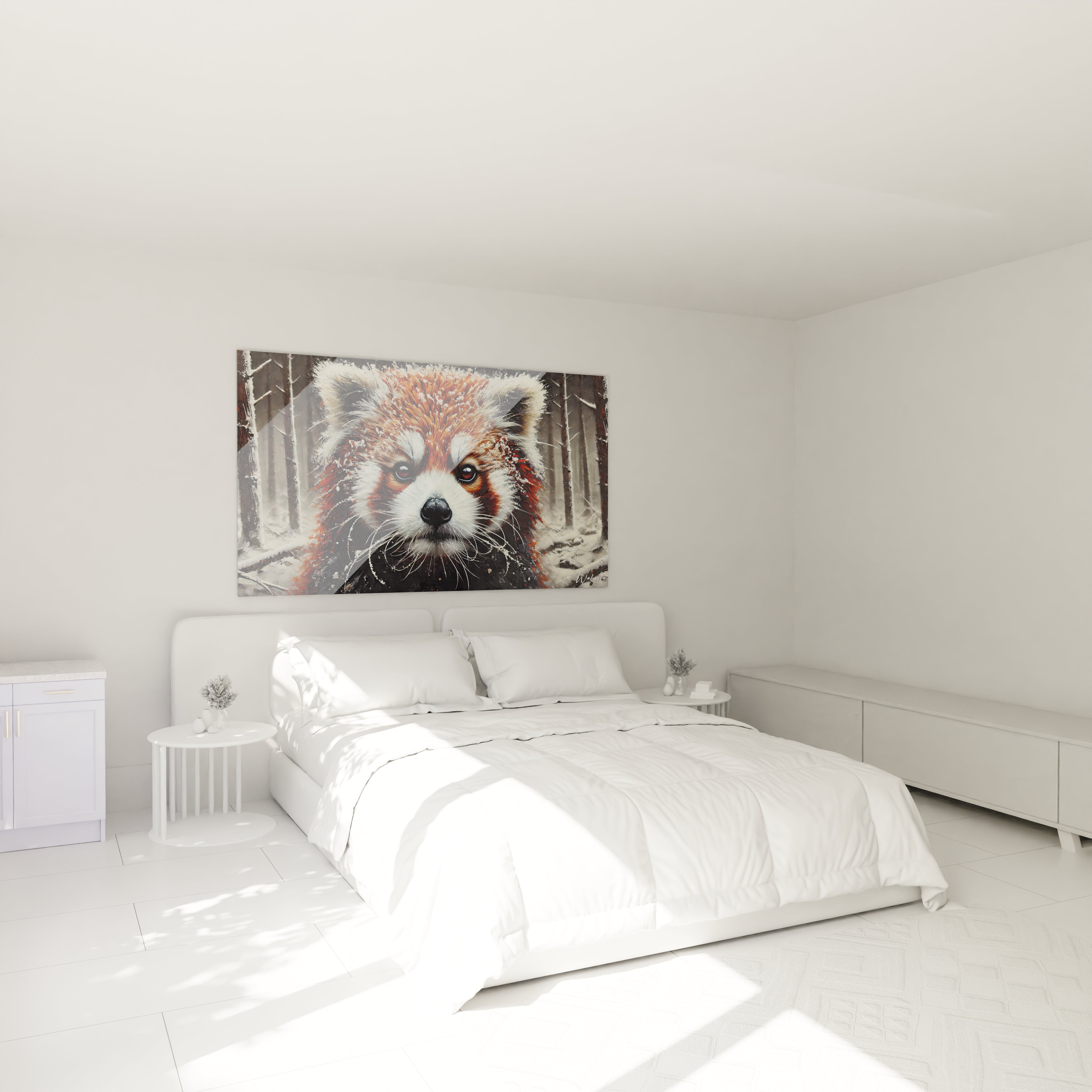 Tableau panda roux accroché au mur d'une chambre. La chaleur des couleurs du pelage contraste avec le fond hivernal, apportant une touche apaisante et sauvage pour créer une atmosphère chaleureuse.

