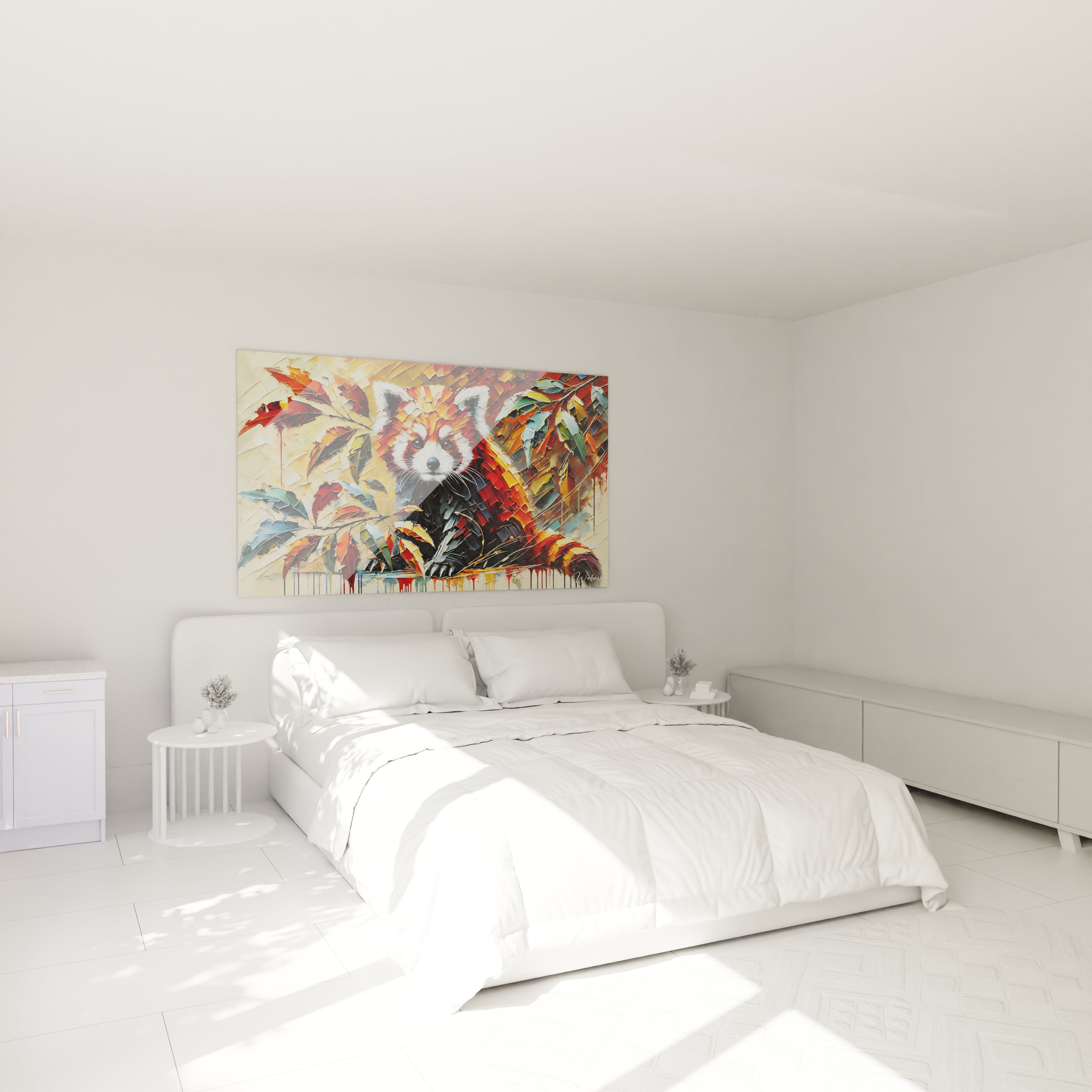 tableau panda roux accroche au mur au dessus du lit. Ideal pour une chambre, il apporte une touche chaleureuse et vivante, creant un point focal apaisant et coloré pour un decor unique

