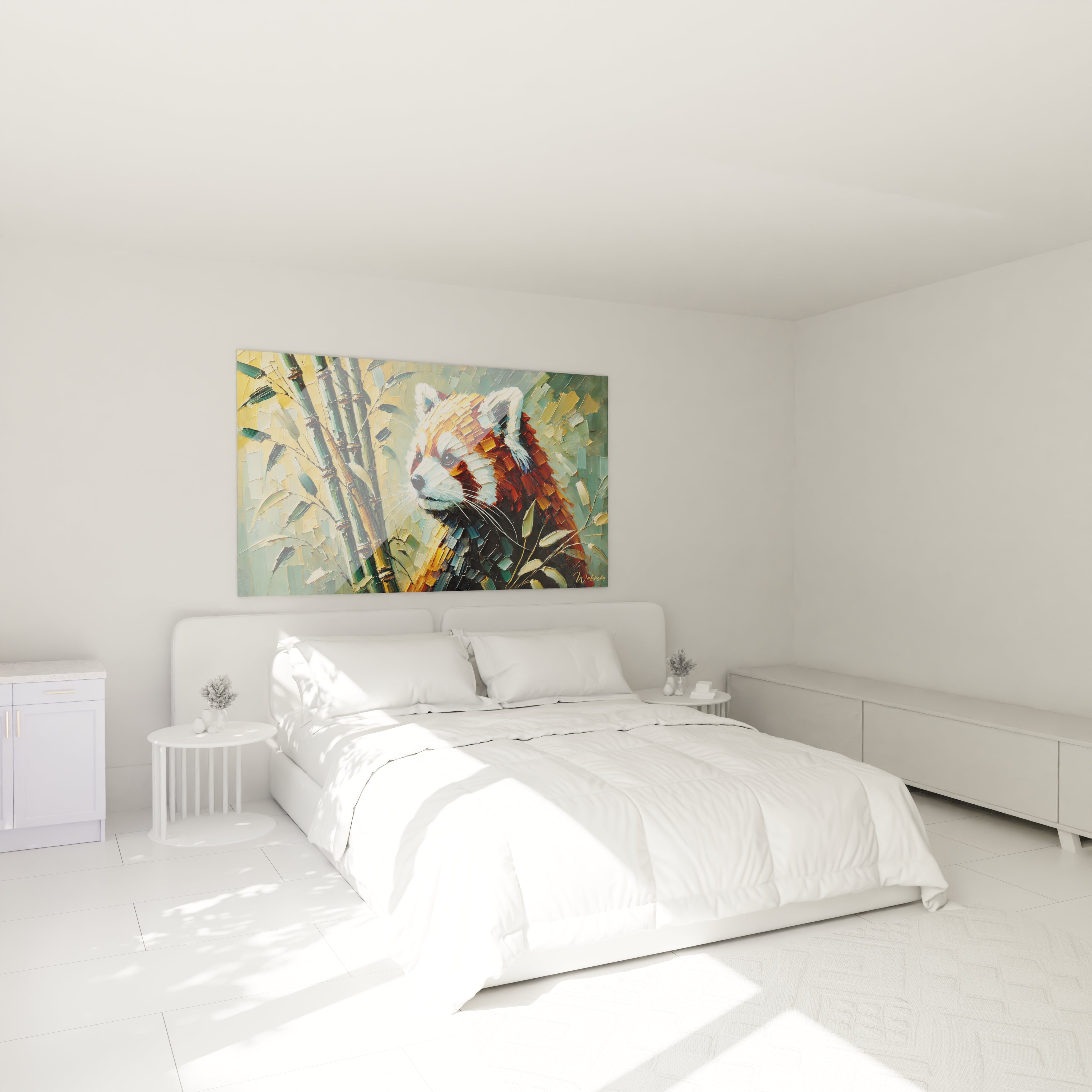 Tableau panda roux au dessus du lit pour une ambiance naturelle et apaisante. Contraste des tons orange et vert pour sublimer votre chambre.

