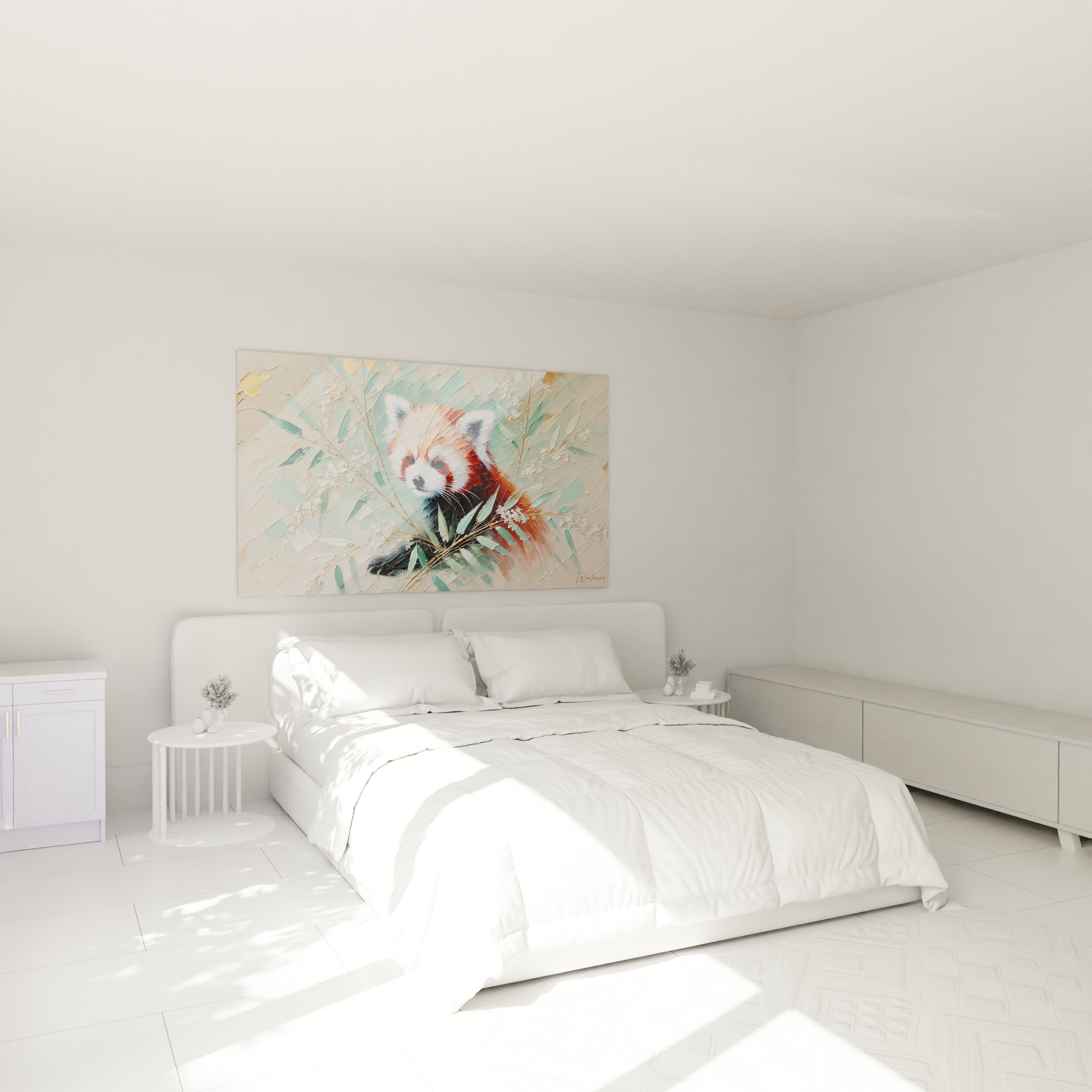 Le tableau panda roux au dessus du lit apporte une ambiance apaisante et une touche de nature a votre chambre a coucher.
