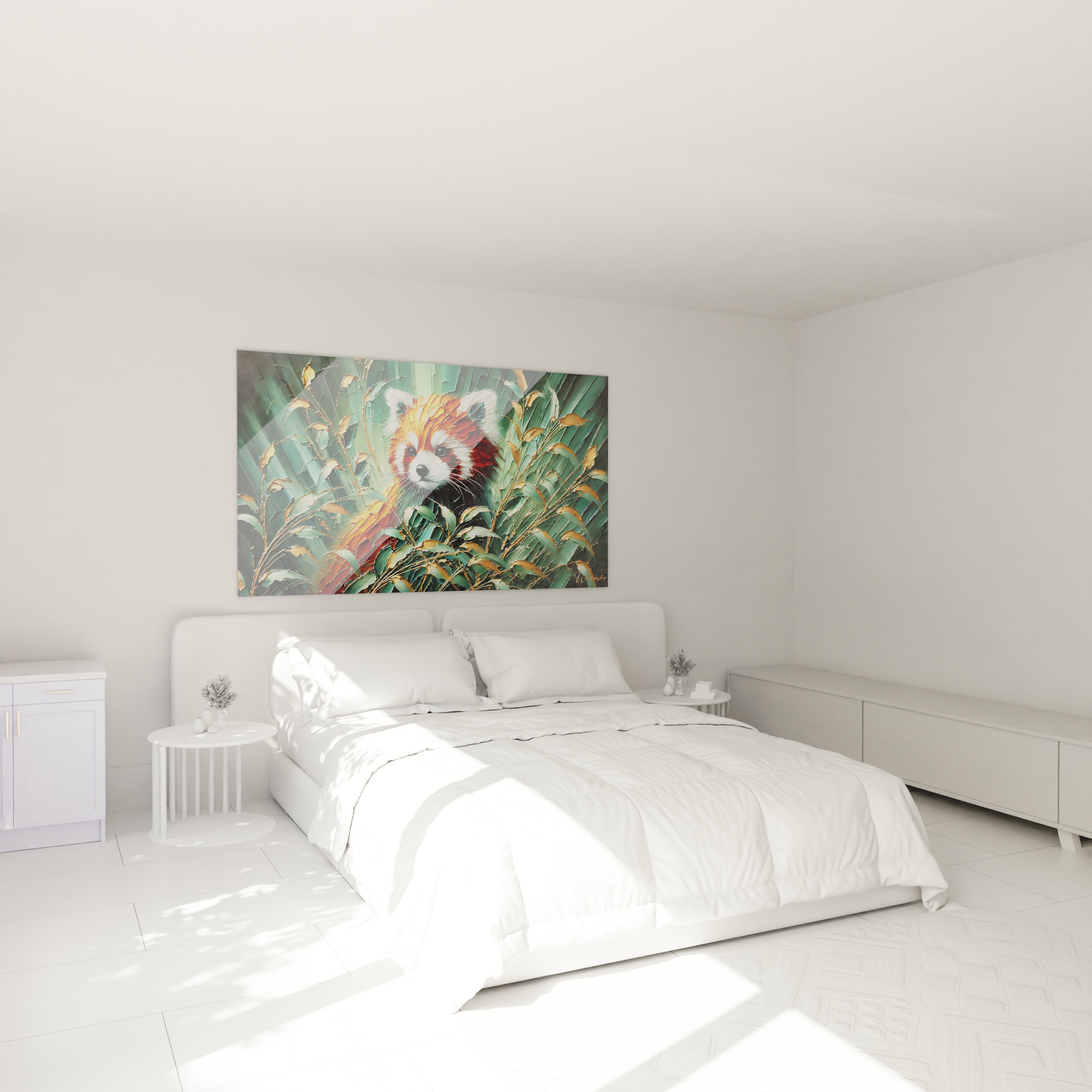 apportez une touche de nature apaisante a votre chambre avec ce tableau panda roux eloge de la serenite et de l'elegance avec des teintes vertes et dorees pour une ambiance raffinee et exotique

