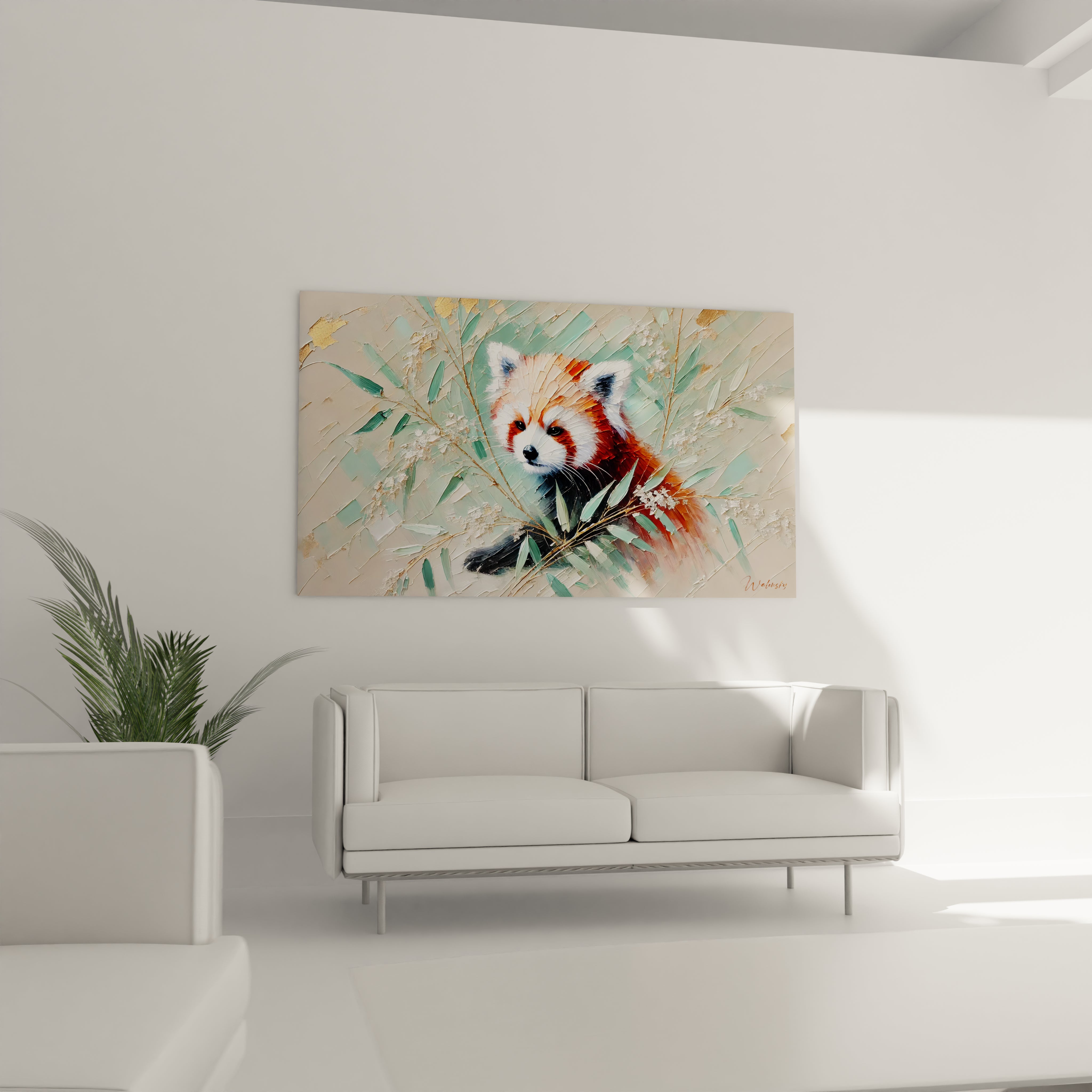 Sublimez votre salon avec le tableau panda roux au dessus du canapé, un ajout artistique qui apporte chaleur et connexion emotionnelle.
