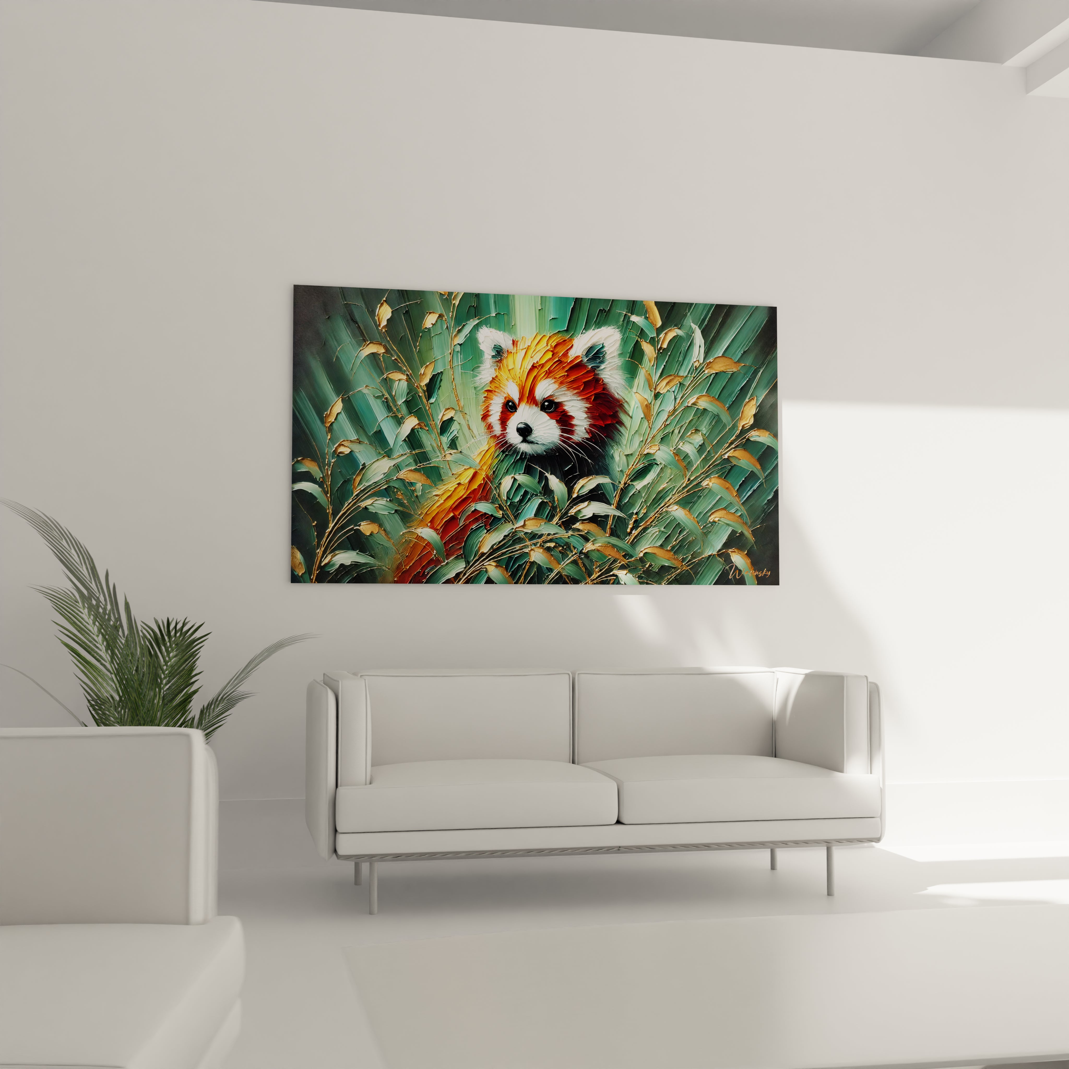 tableau panda roux accroche dans un salon au dessus d'un canape pour un point focal qui attire le regard avec ses contrastes de couleurs chaudes et son pelage texturé en pleine vegetation abstraite

