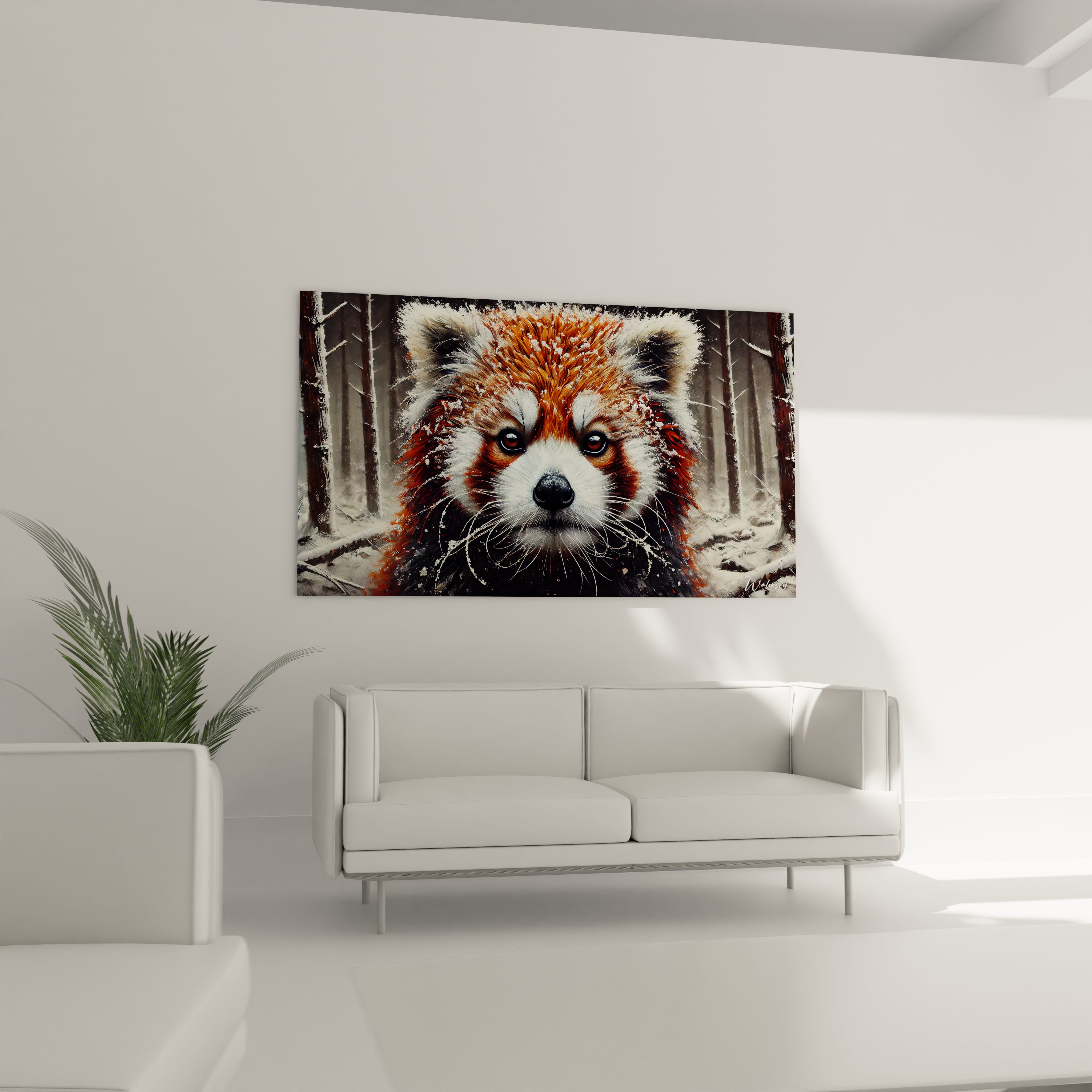 Tableau panda roux au-dessus du canapé dans un salon. Les couleurs flamboyantes du panda et le fond enneigé ajoutent profondeur et contraste, créant un point focal expressif pour la décoration du salon.

