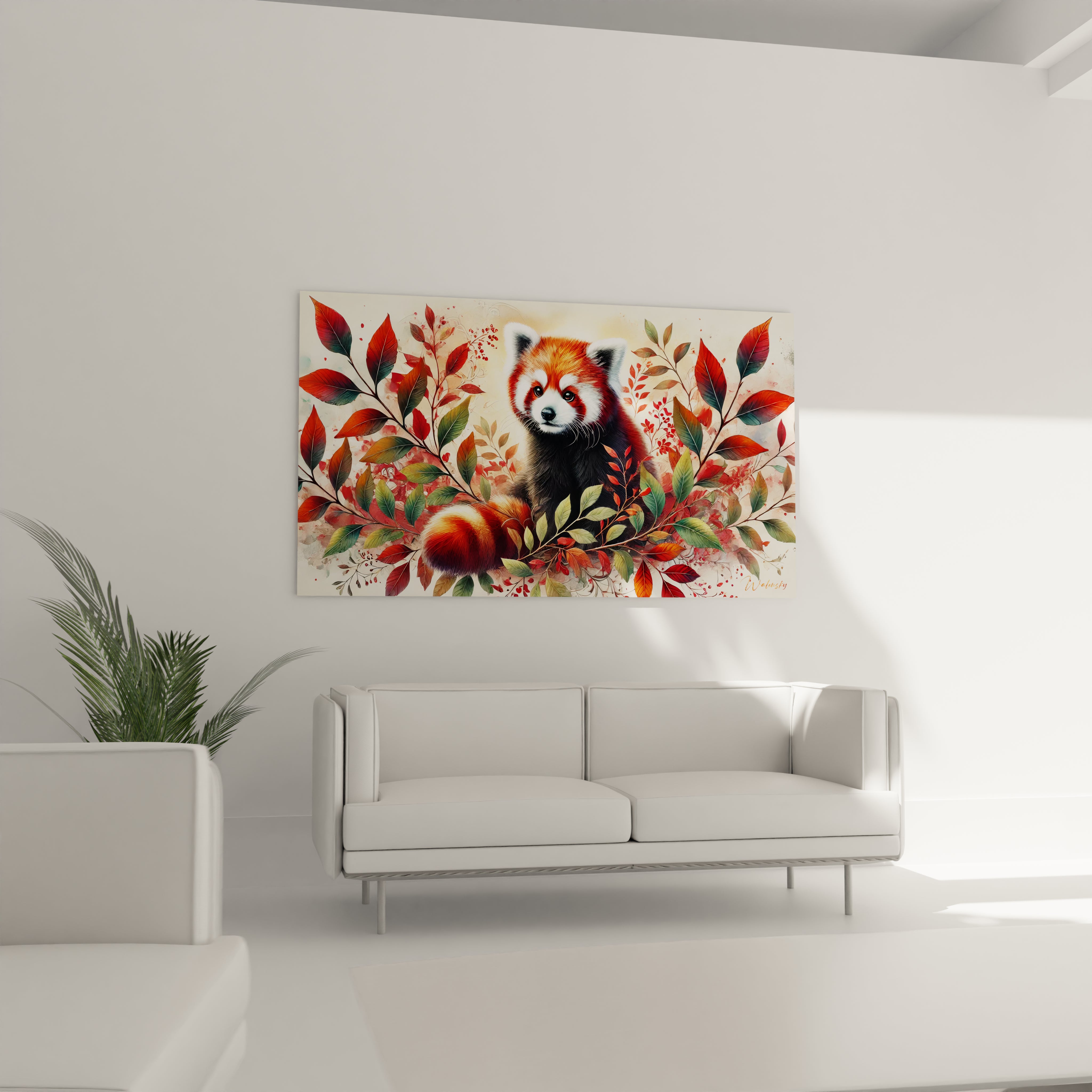 Tableau panda roux suspendu dans un salon au-dessus du canape, offrant un contraste vibrant de rouge et vert. Ideal pour une decoration moderne cherchant a integrer des elements naturels.

