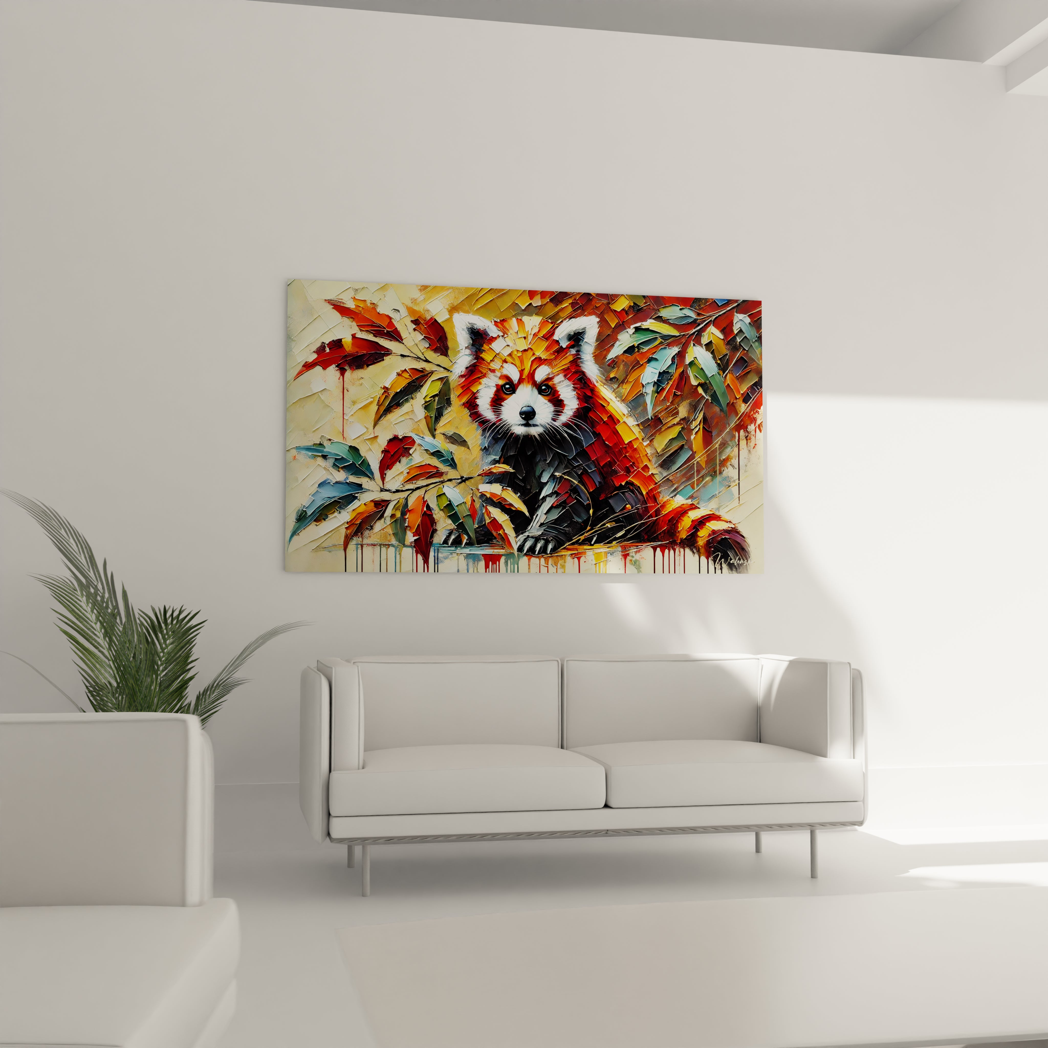 tableau panda roux dans un salon, accroche au-dessus du canapé. Une touche de nature, de couleur et d originalité pour une decoration unique et moderne, suscitant l admiration de vos invites

