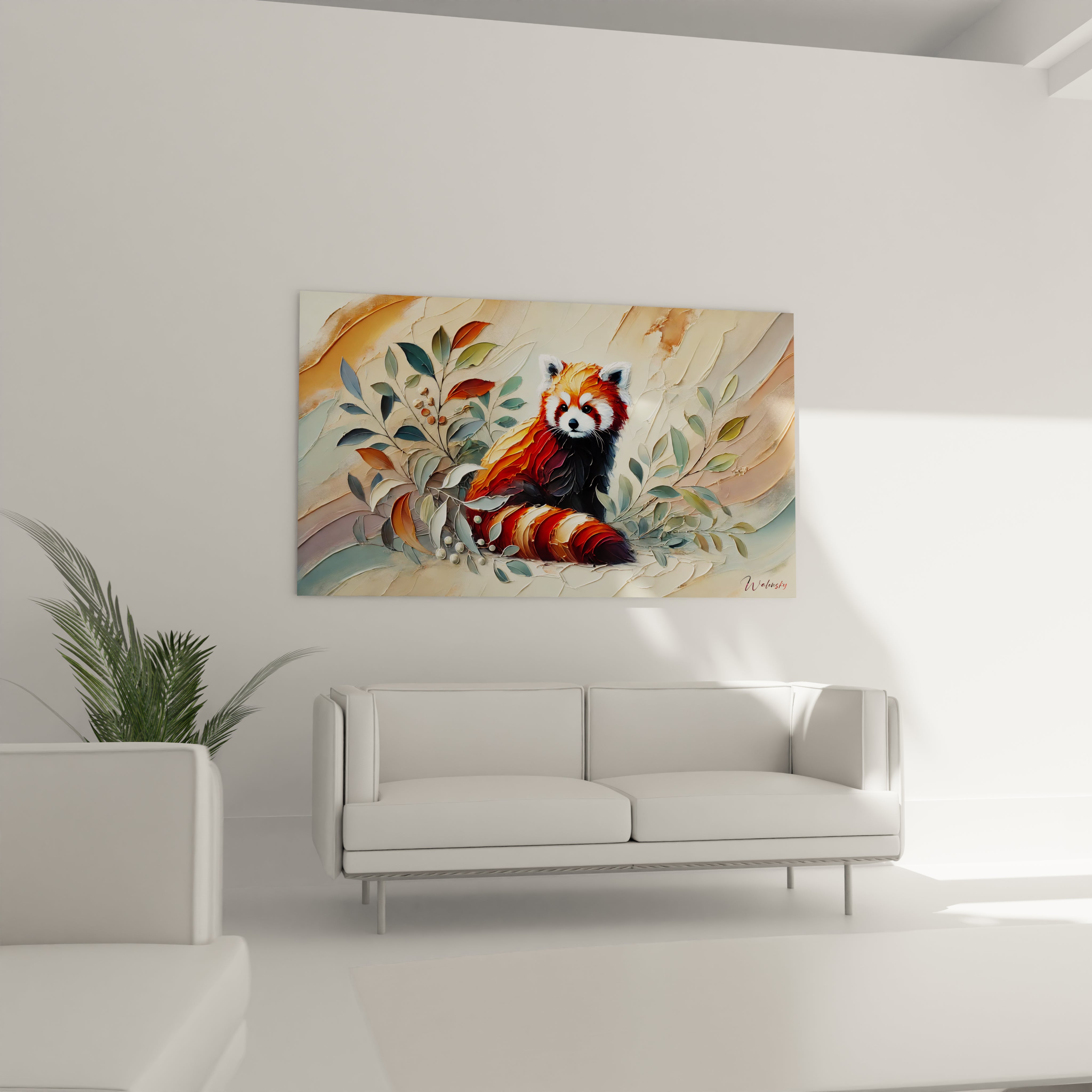 Tableau panda roux au-dessus d'un canapé. Sublimez votre salon avec ce tableau panda roux aux couleurs flamboyantes, qui crée une atmosphère naturelle et moderne, idéale pour un espace chaleureux.
