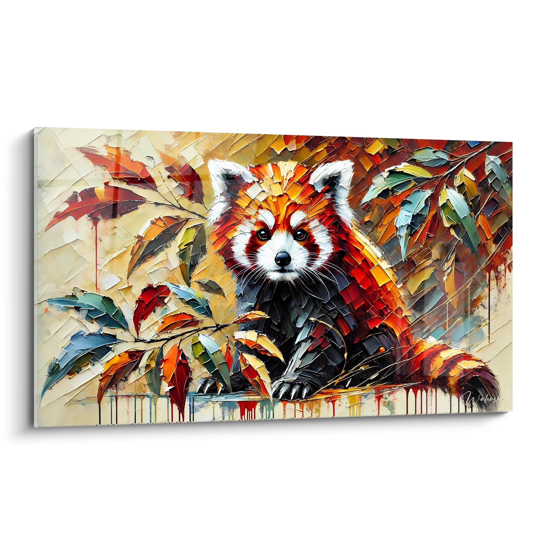 tableau panda roux vu de biais, couleurs vibrantes et texture unique qui captivent immediatement le regard. Une œuvre qui ajoute vitalité et caractère a tout interieur moderne ou eclectique

