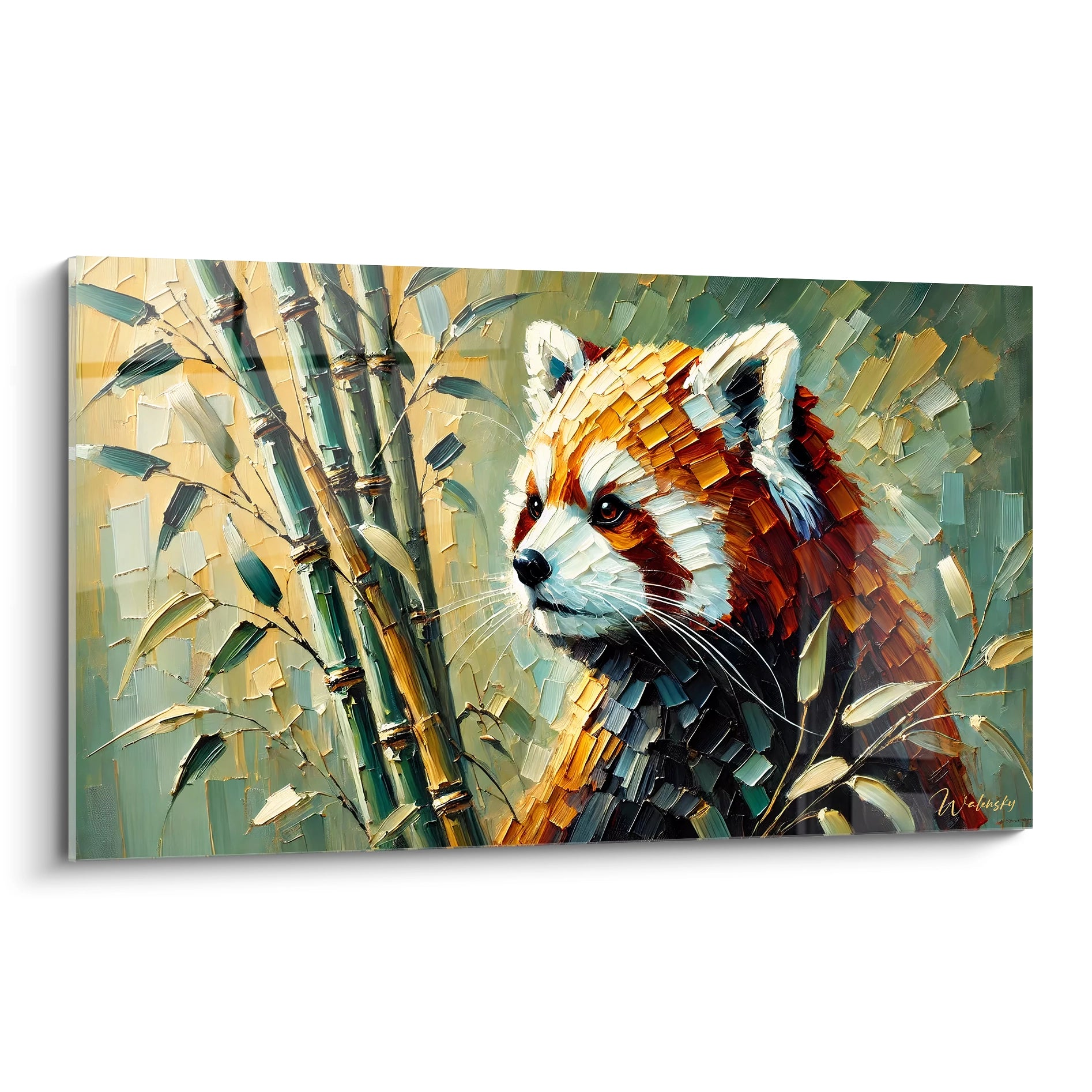 Tableau panda roux vivant et texturé, portrait de panda entouré de bambou et feuillage abstrait. Ideal pour une touche exotique et chaleureuse dans votre intérieur.

