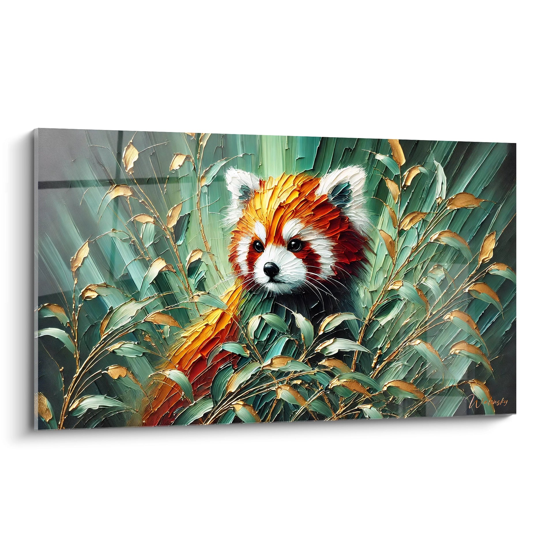 tableau panda roux vue de biais avec ses couleurs vibrantes et sa texture en relief parfait pour une decoration contemporaine qui cherche a apporter chaleur et serenite a votre interieur

