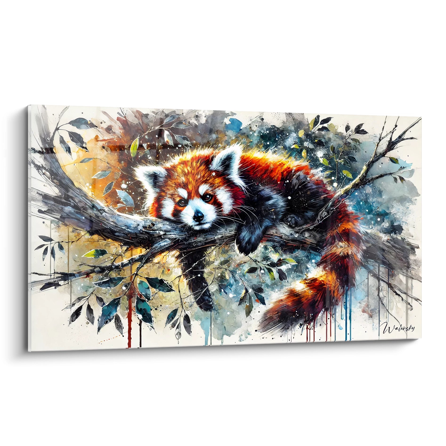 Le tableau panda roux vu de biais montre des nuances chaudes d'orange et de rouge, ajoutant de la vitalité et du dynamisme. Cette oeuvre est parfaite pour apporter une touche de nature à votre intérieur.

