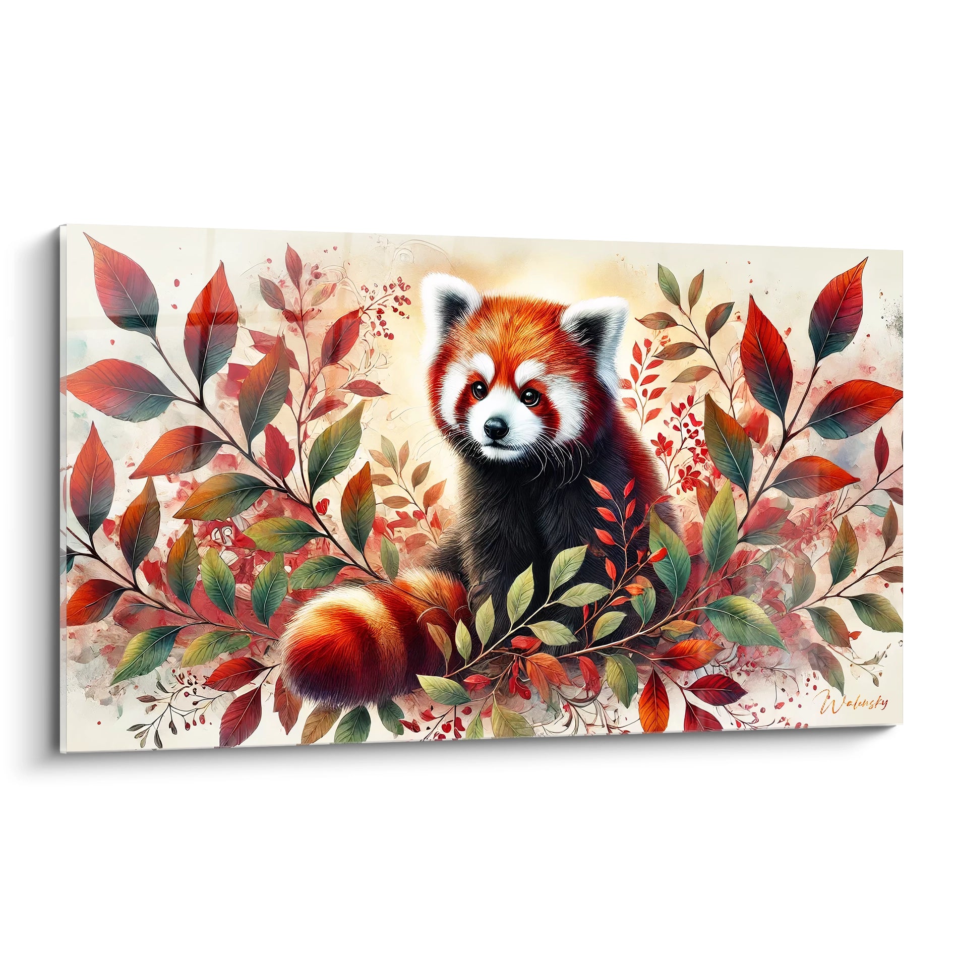 Tableau panda roux vue de biais, mettant en valeur les details artistiques et les couleurs vibrantes de l'oeuvre. Un choix ideal pour ajouter une touche de nature et d'art à votre interieur.

