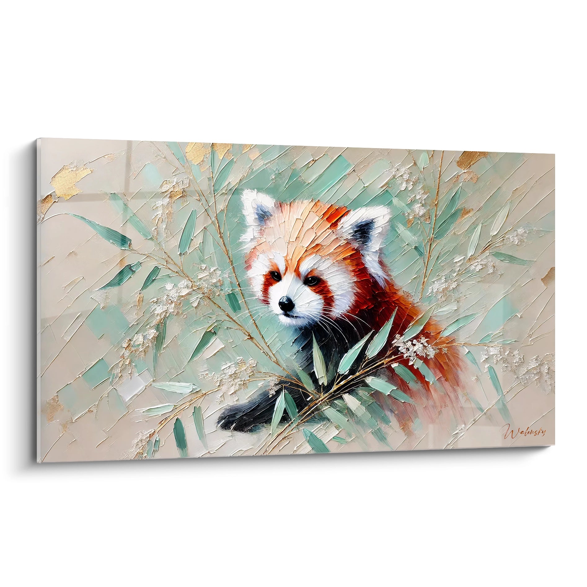 Découvrez le tableau panda roux en gros plan, admirez les details realistes du pelage et la neige texturée qui subliment cette œuvre murale unique.
