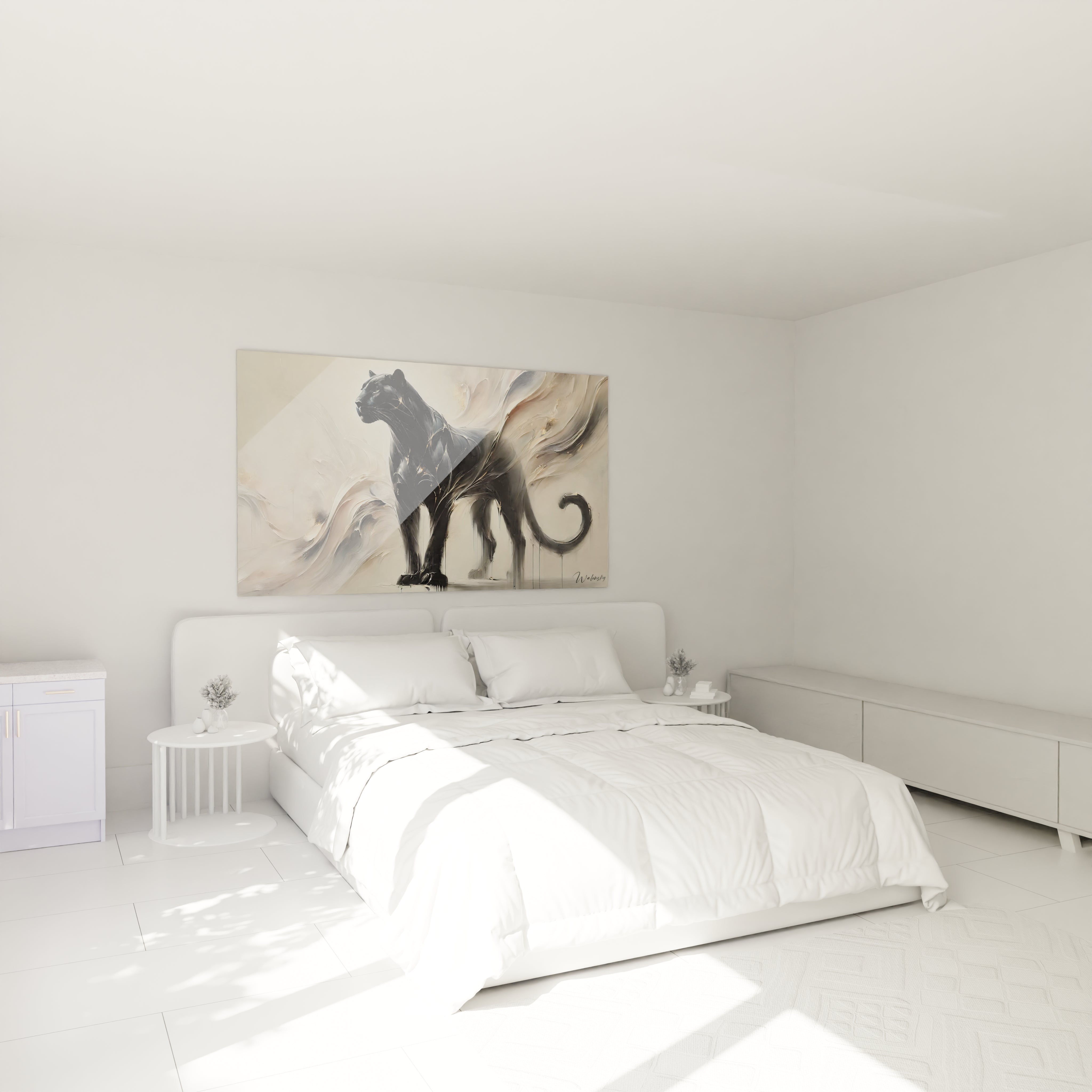 Sublimez votre chambre avec ce tableau panthère noire au dessus du lit. L'equilibre entre l'animal majestueux et les volutes beige et or cree une atmosphere apaisante et raffinée.

