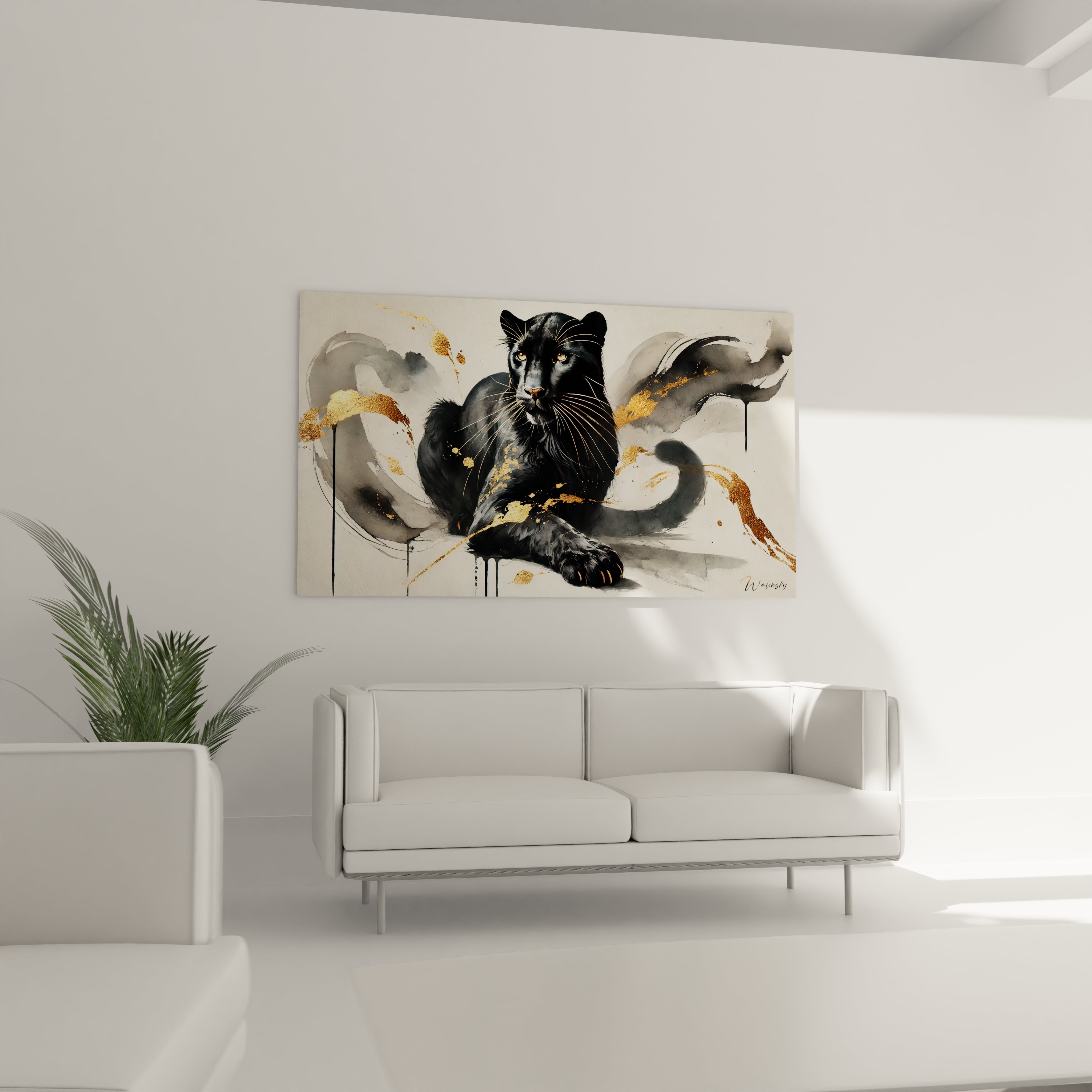 Le tableau panthere noire suspendu au-dessus d'un canape dans le salon devient la piece centrale. Ses details realistes et ses eclats d'or apportent une touche chic et artistique a votre interieur

