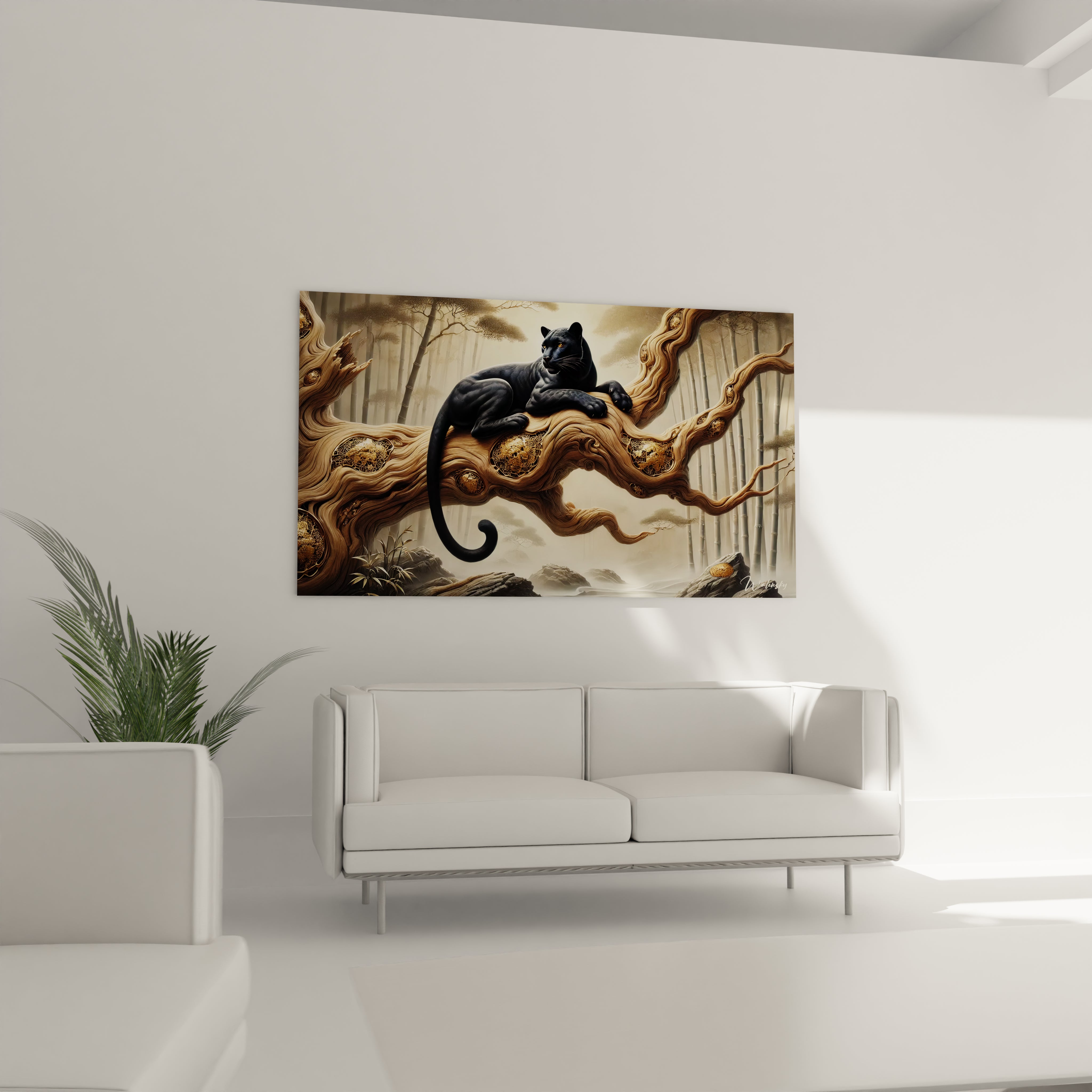 Le tableau panthere noire au dessus du canape ajoute une note sauvage et mysterieuse a votre salon Ses couleurs noir or et beige se fondent parfaitement dans un decor moderne et elegant

