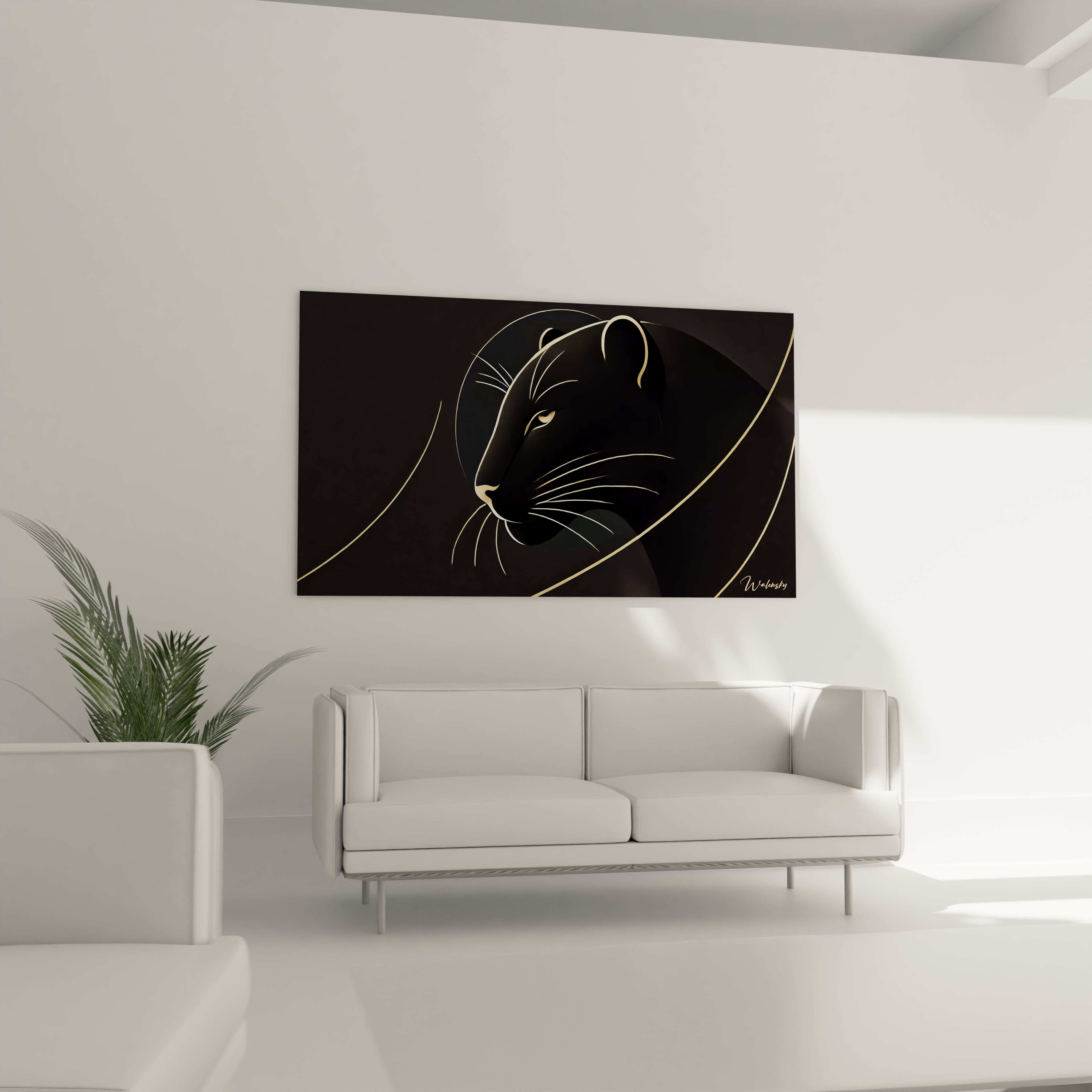 Dans ce salon, le tableau panthere noire sublime l'espace avec ses lignes epurees et son contraste noir et or, ajoutant une touche de raffinement au-dessus du canape.

