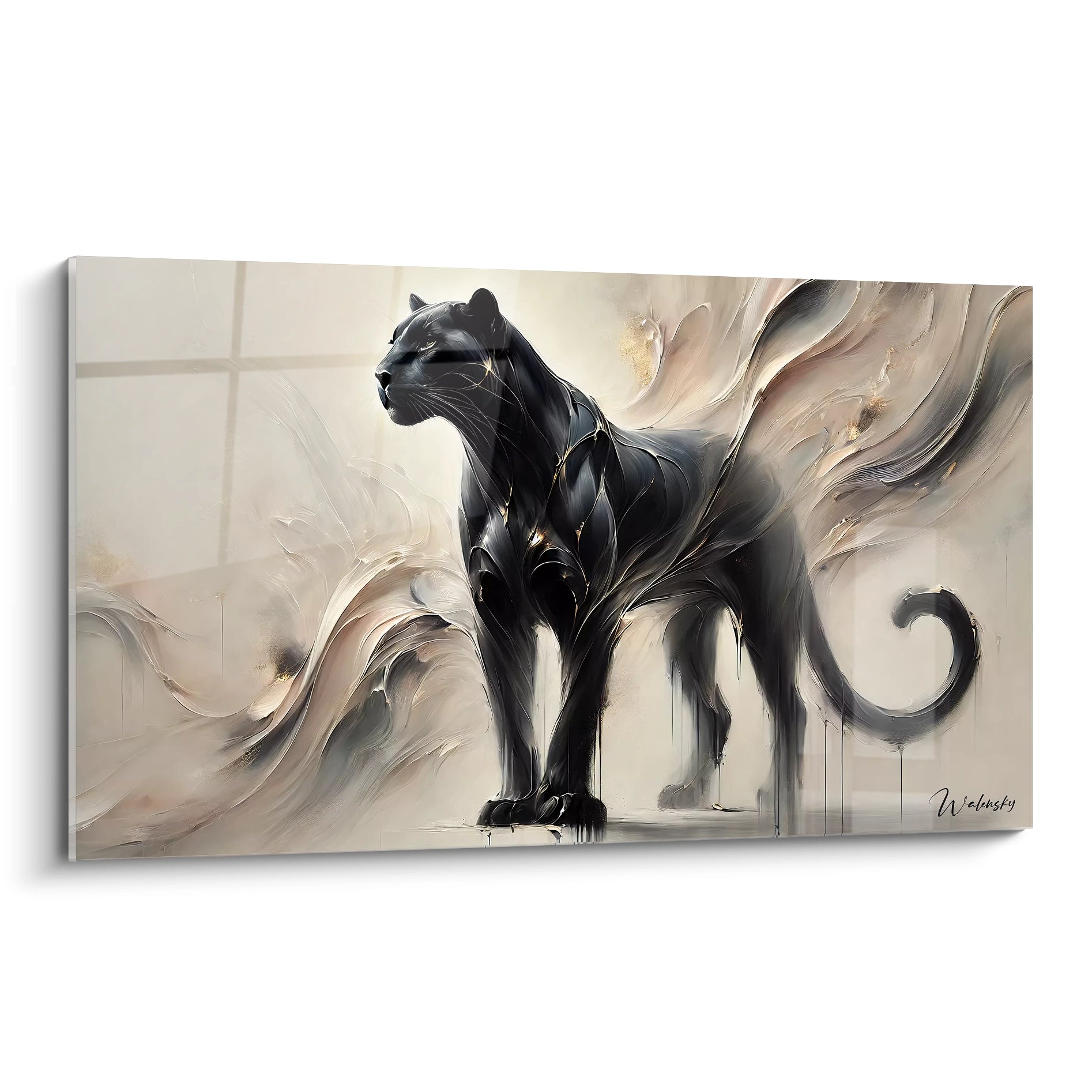 Le tableau panthère noire vu de biais revele la beaute mysterieuse de l'animal. Les courbes abstraites ajoutent un effet onirique, parfait pour sublimer votre interieur avec elegance.

