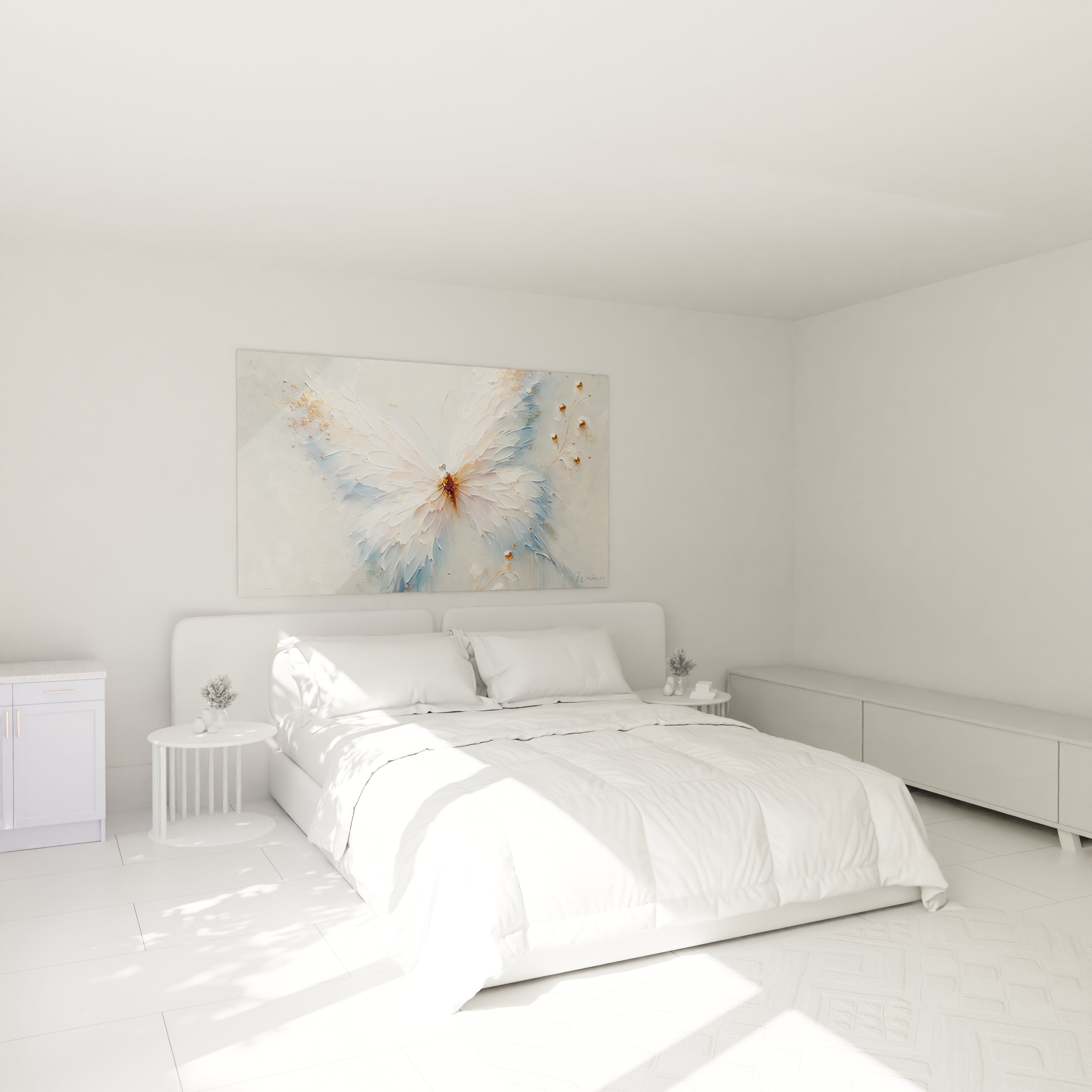 Tableau papillon accroché dans une chambre, au-dessus du lit, apportant une touche d'élégance et de légèreté. Les nuances de blanc, beige et or créent une atmosphère apaisante, idéale pour un espace de repos.

