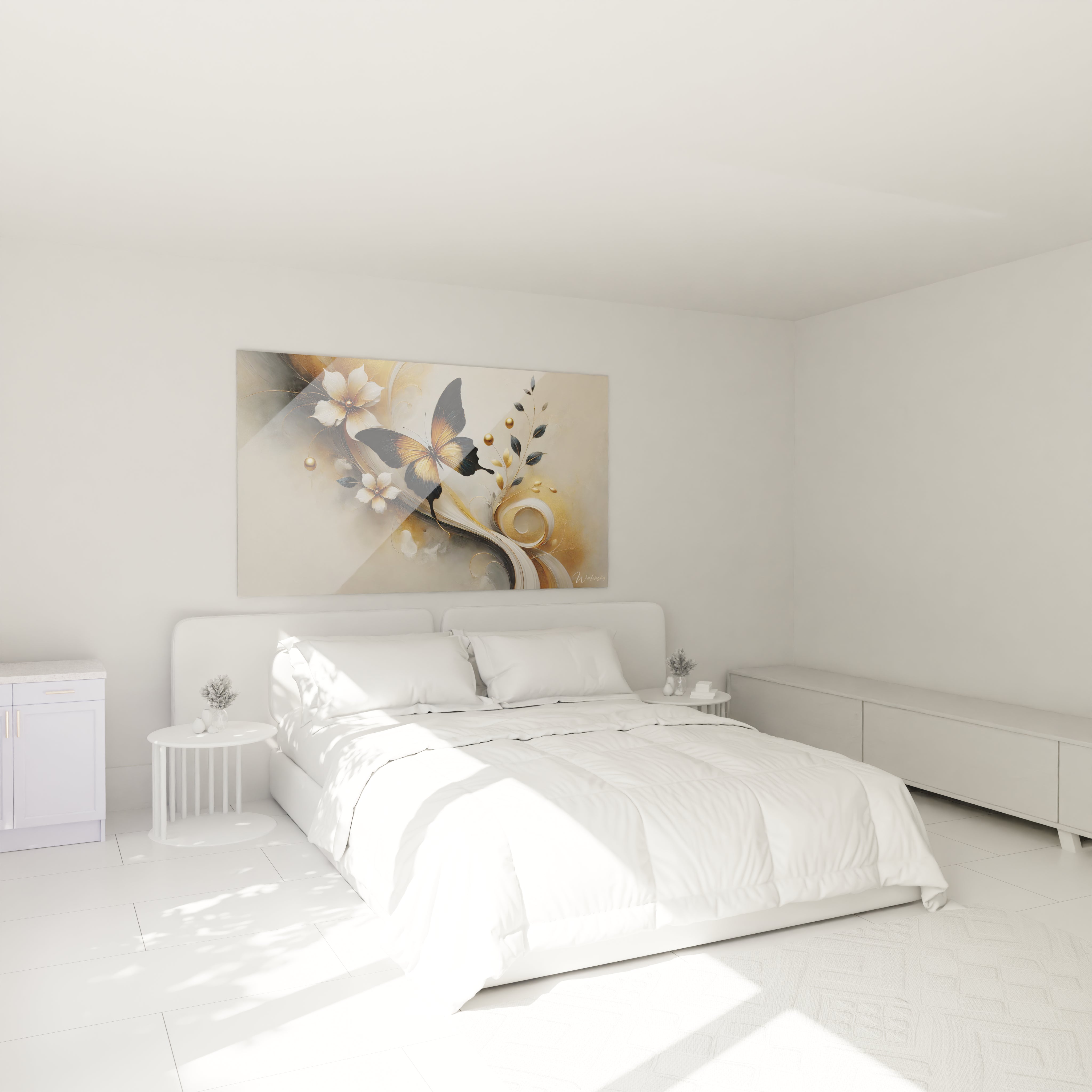 Tableau papillon accroché au-dessus du lit dans une chambre. Les couleurs noir, or et blanc créent une ambiance élégante et apaisante, ajoutant un point focal puissant et raffiné.

