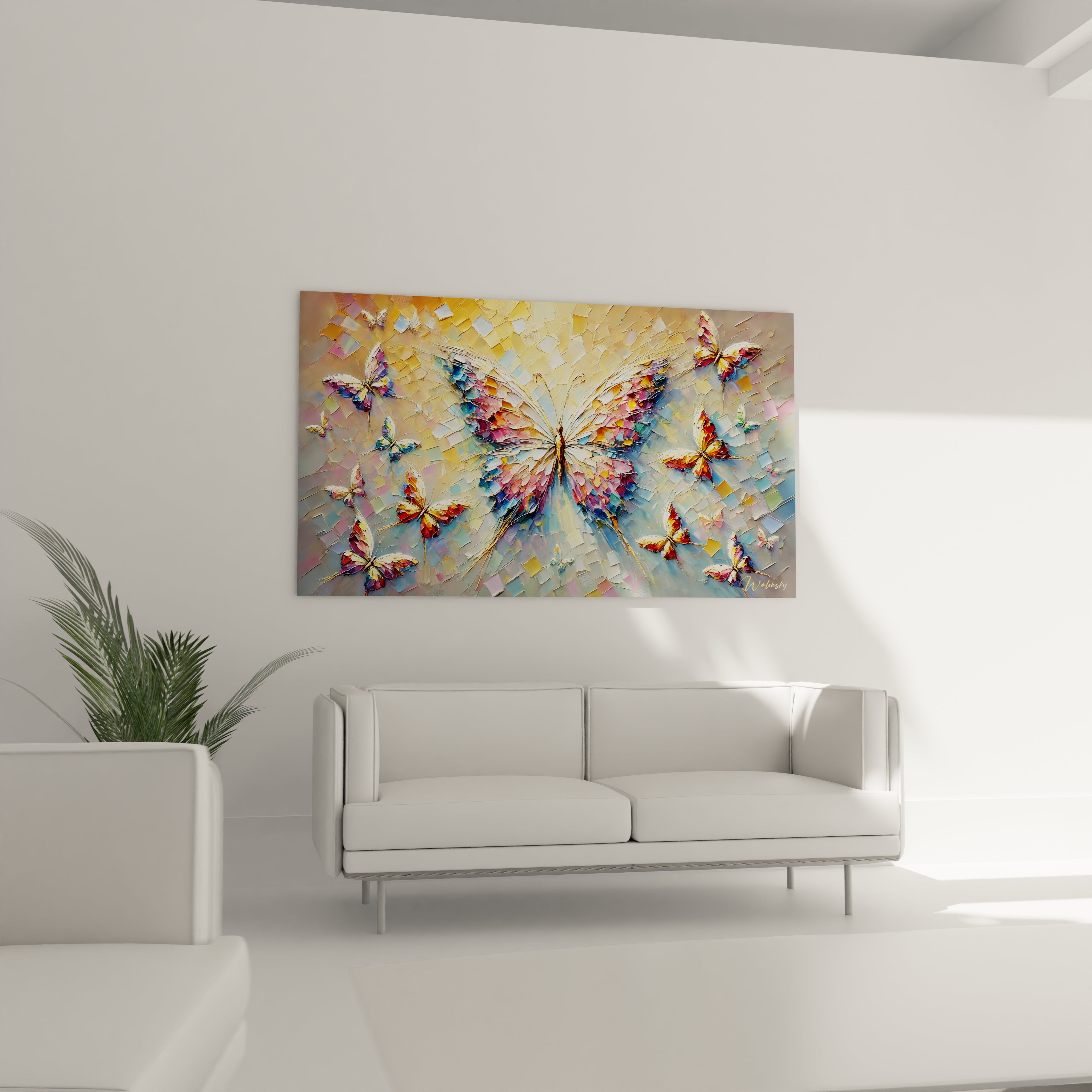 tableau papillon accroché au dessus du canapé, illumine le salon avec des couleurs vibrantes. Ce tableau apporte une atmosphere dynamique et elegante qui attire l'oeil.

