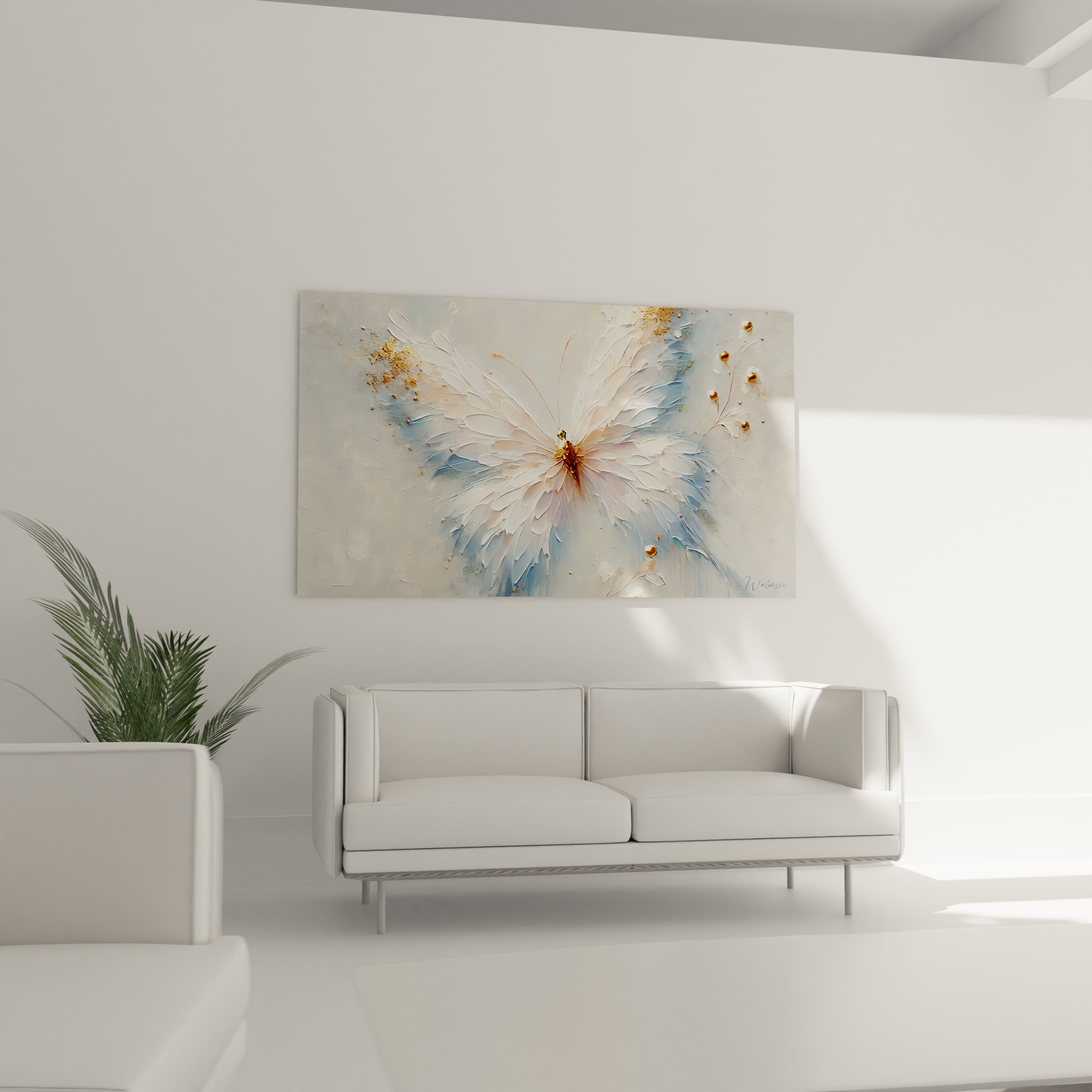 Tableau papillon accroché au mur du salon, au-dessus du canapé, avec une palette subtile de blanc, beige et or. Une œuvre qui illumine l'espace avec des textures et un éclat délicat, créant une ambiance accueillante.

