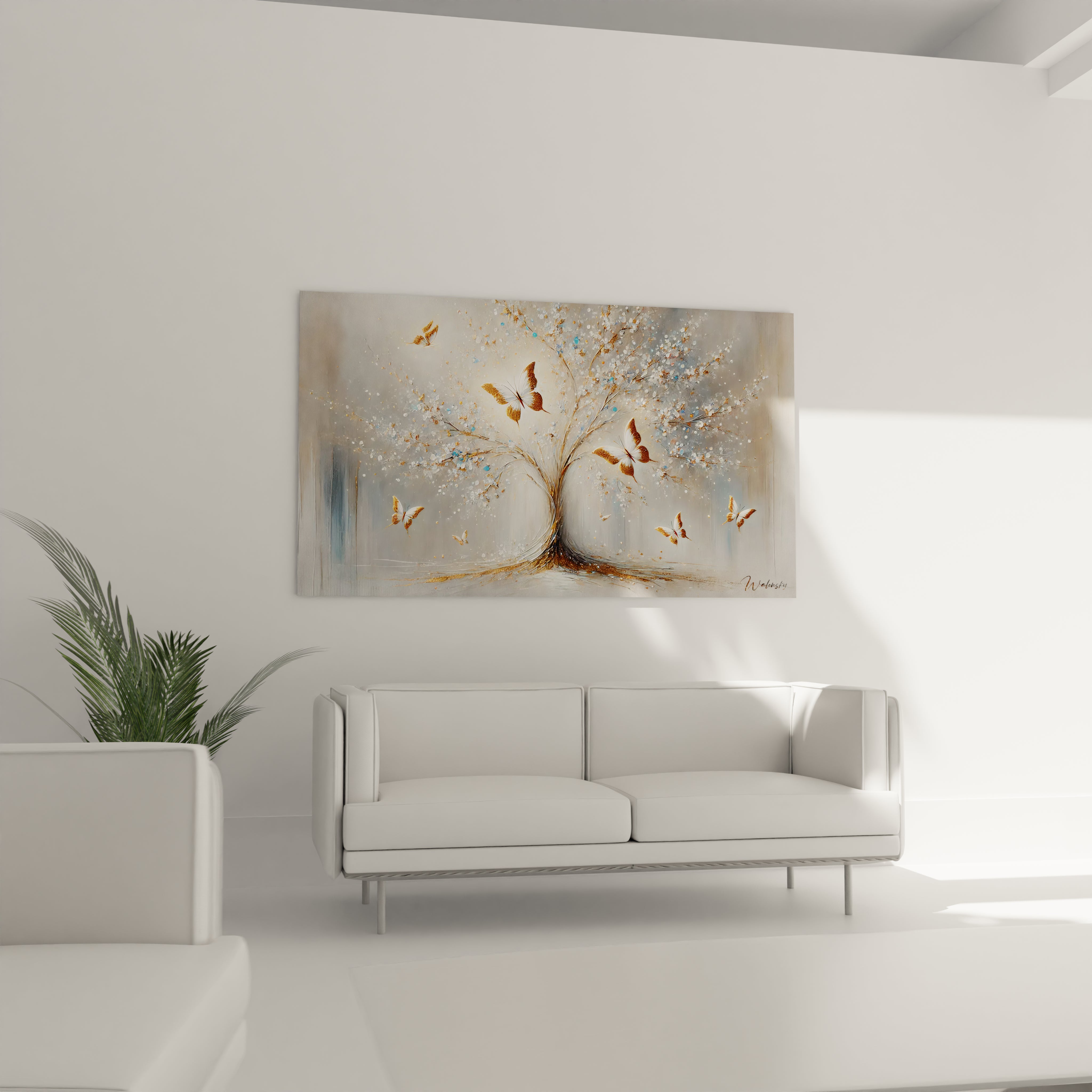 Tableau papillon accroché au dessus d un canapé dans un salon. Ce tableau apporte une touche de luxe et de serenité avec des couleurs douces et vibrantes. Ideal pour creer un espace accueillant et relaxant.

