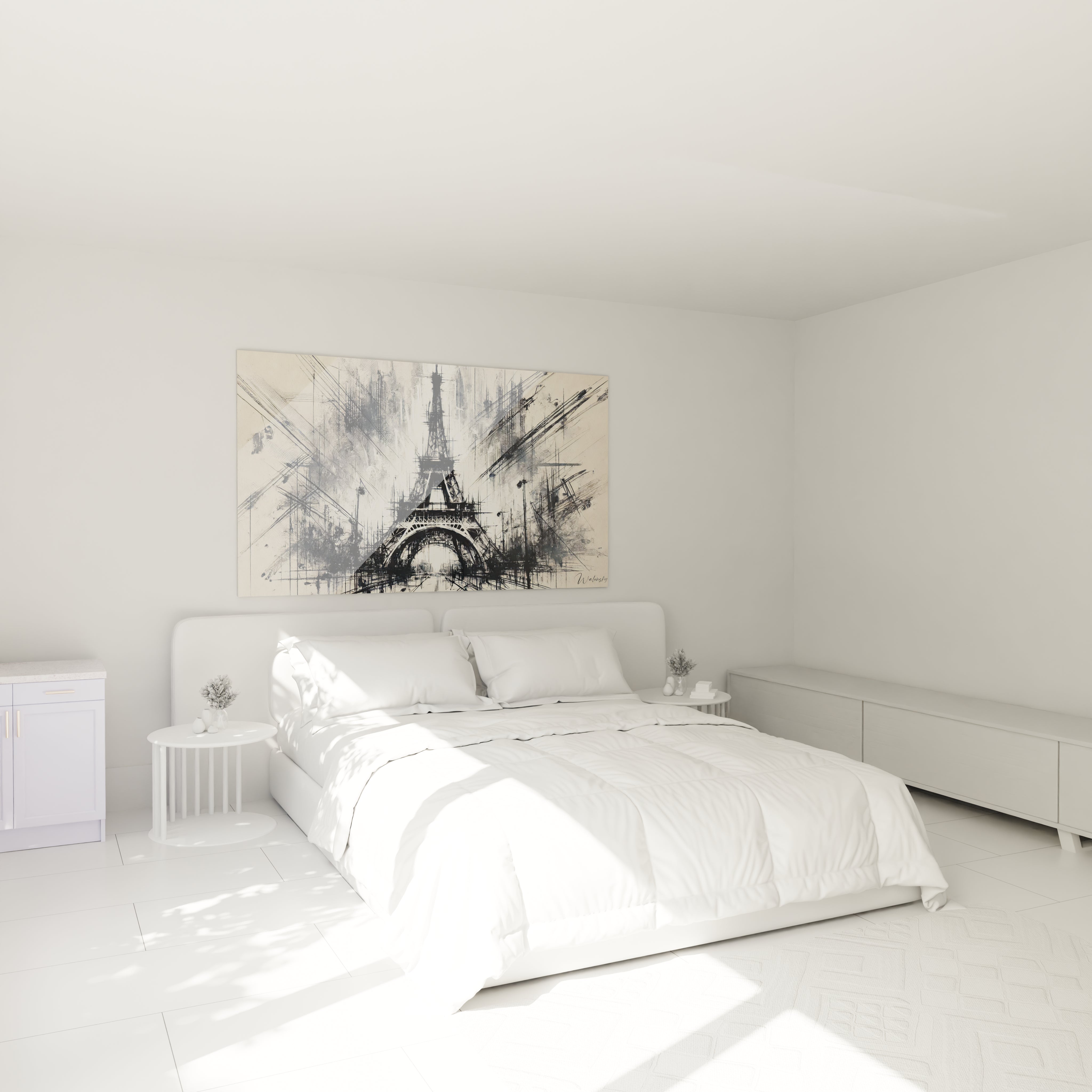 tableau Tour Eiffel accroché dans une chambre illumine l’espace avec ses contrastes noirs et blancs. Il crée une ambiance apaisante et sophistiquée, idéale au-dessus du lit dans un décor minimaliste.

