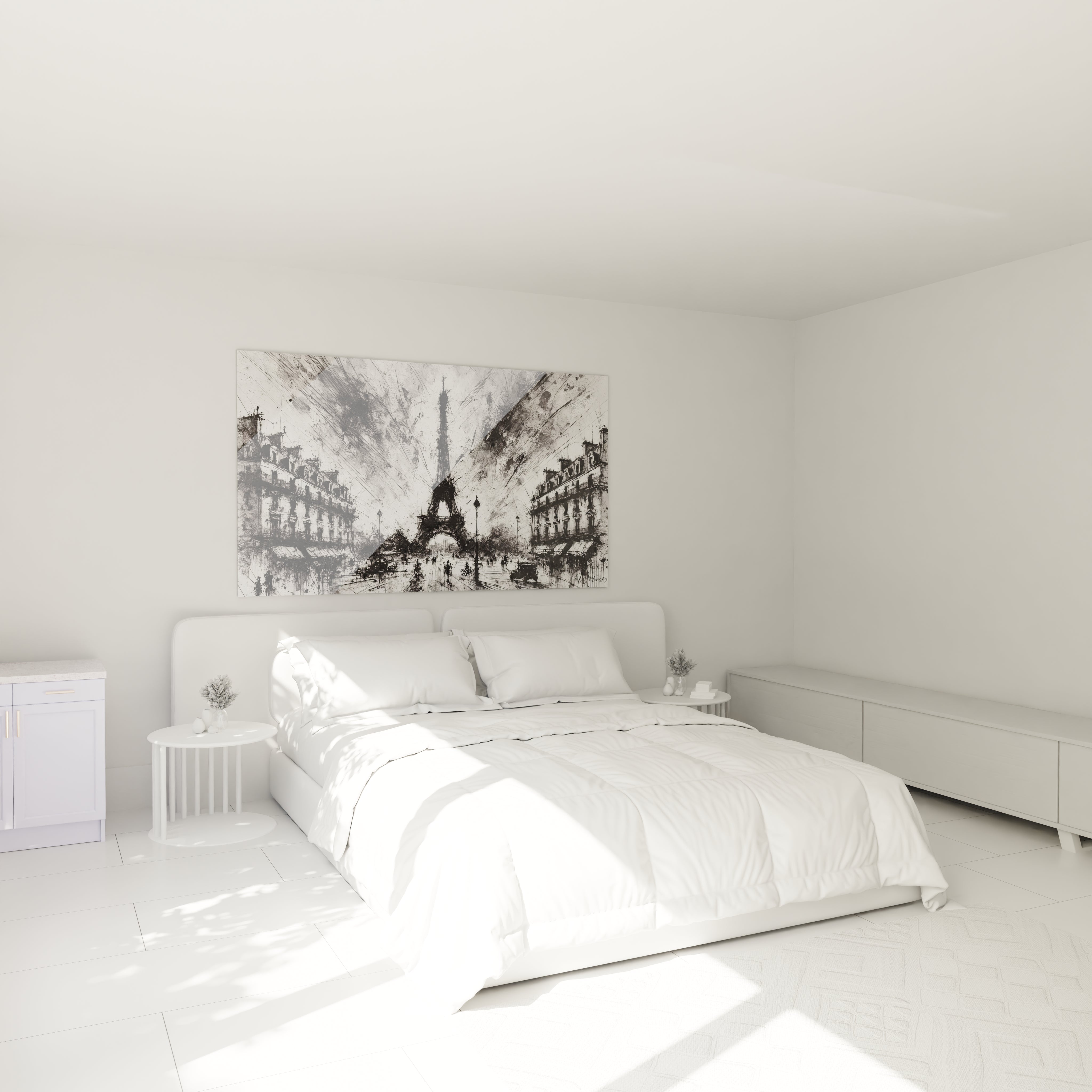 tableau Paris Noir et Blanc accroché au-dessus du lit transforme la chambre avec ses contrastes saisissants et ses formes architecturales épurées. Il évoque calme et sophistication dans un espace apaisant.

