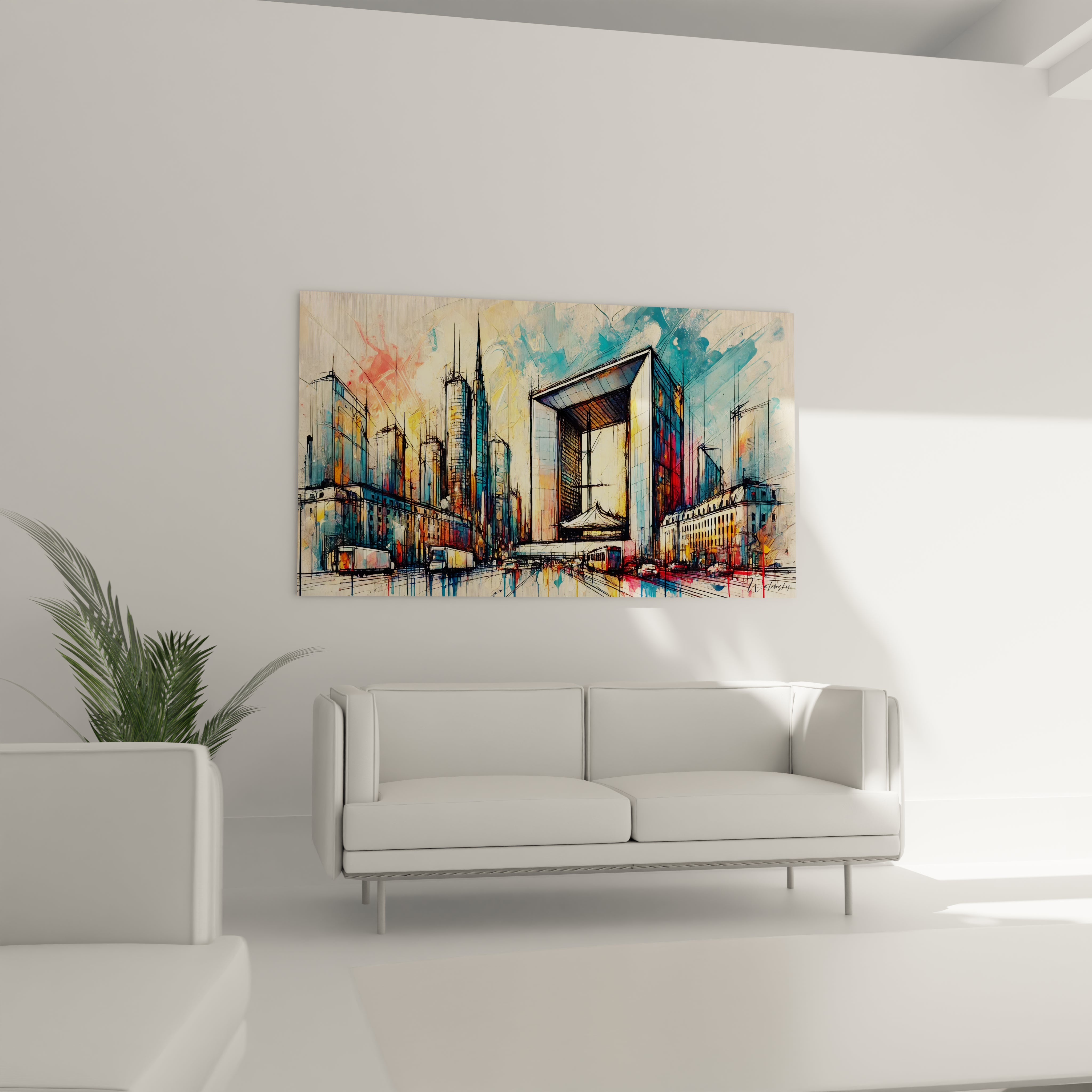 tableau La Défense au mur dans un salon attire tous les regards avec ses lignes abstraites et sa palette dynamique. Placé au-dessus du canapé, il crée un point focal vibrant et sophistiqué.

