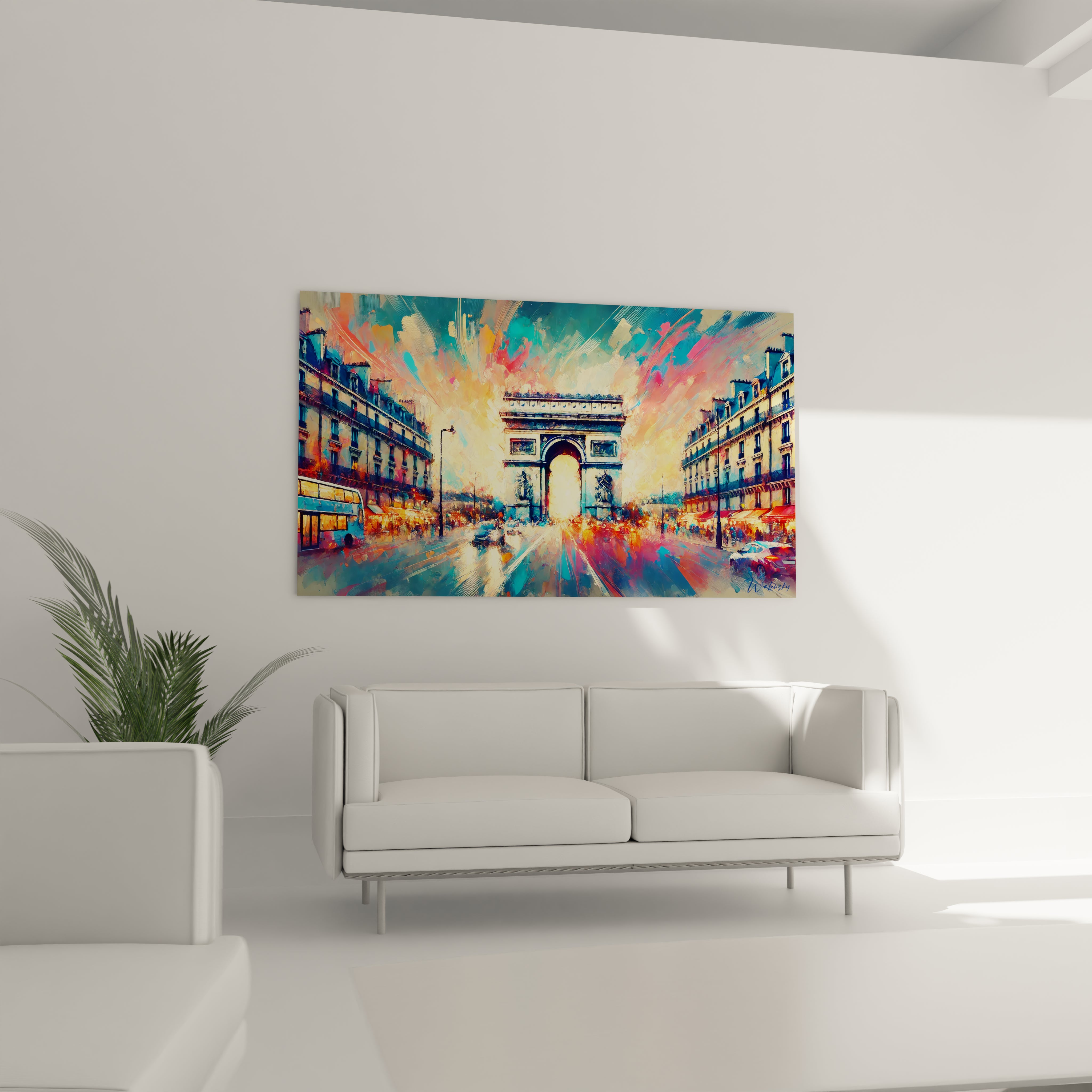 tableau Arc de Triomphe au mur dans un salon devient un point focal éclatant. Ses couleurs chaudes et ses détails texturés insufflent une énergie festive et une élégance intemporelle.

