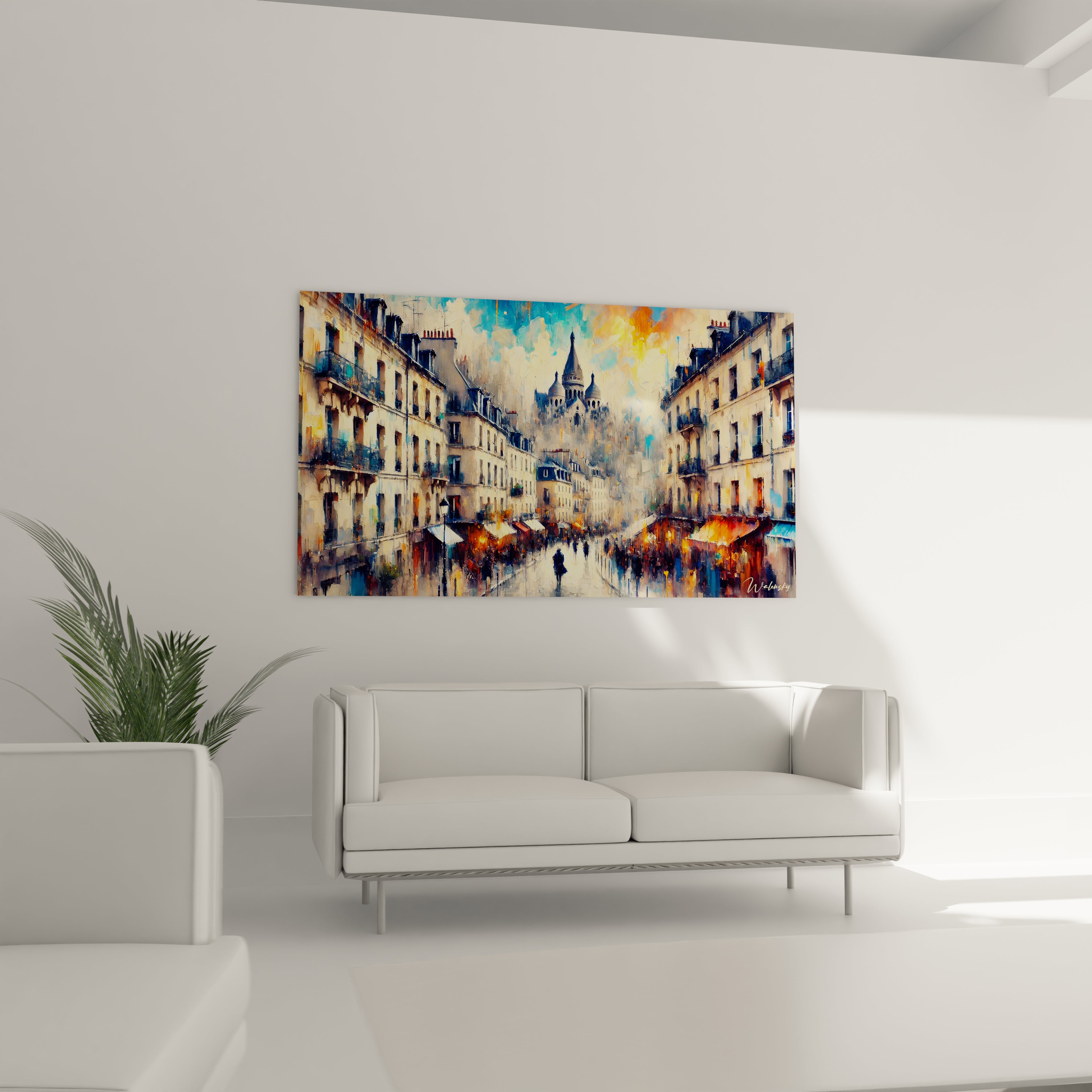 tableau Montmartre dans un salon illumine l’espace au-dessus du canapé avec ses couleurs éclatantes et son style impressionniste. Il évoque la vie vibrante et artistique de Paris, parfaite pour un intérieur cosy.

