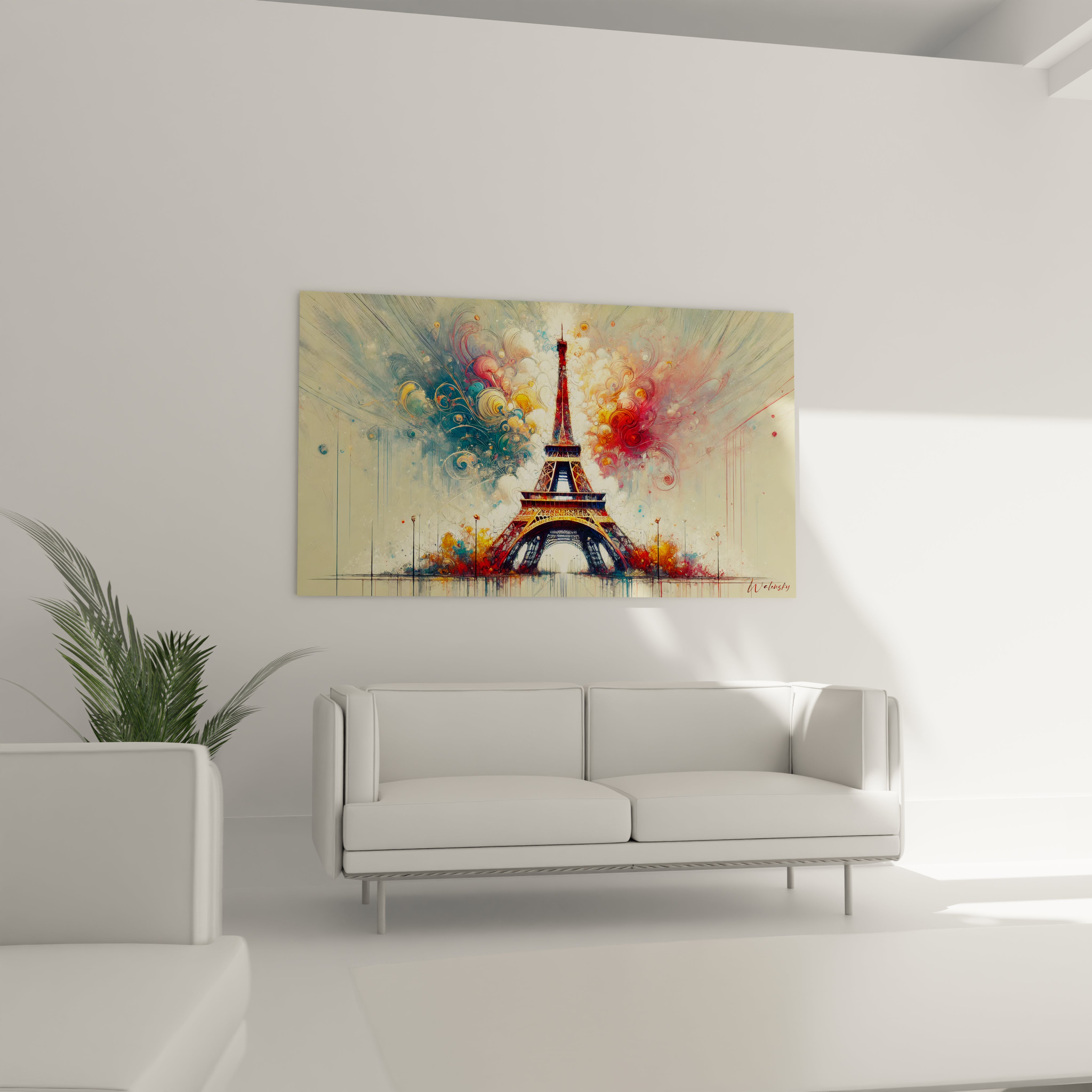 tableau Tour Eiffel accroché dans un salon illumine la pièce avec ses couleurs riches et ses motifs dynamiques. Il devient un point focal captivant, célébrant l’énergie de la Ville Lumière.

