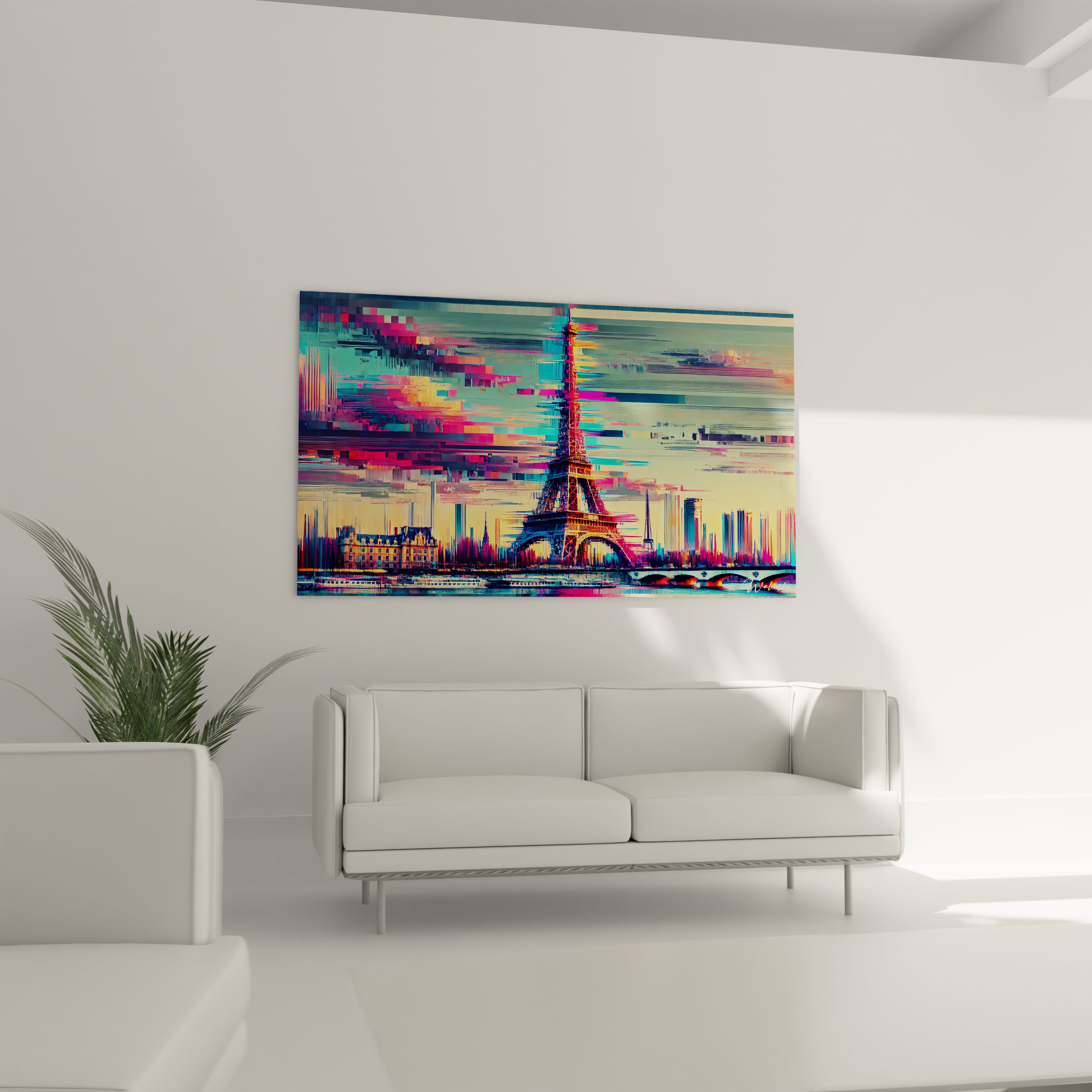 tableau Tour Eiffel accroché dans un salon crée un point focal audacieux. Ses teintes bleu, rose et orange apportent chaleur et modernité, tandis que les motifs abstraits stimulent l’imagination.

