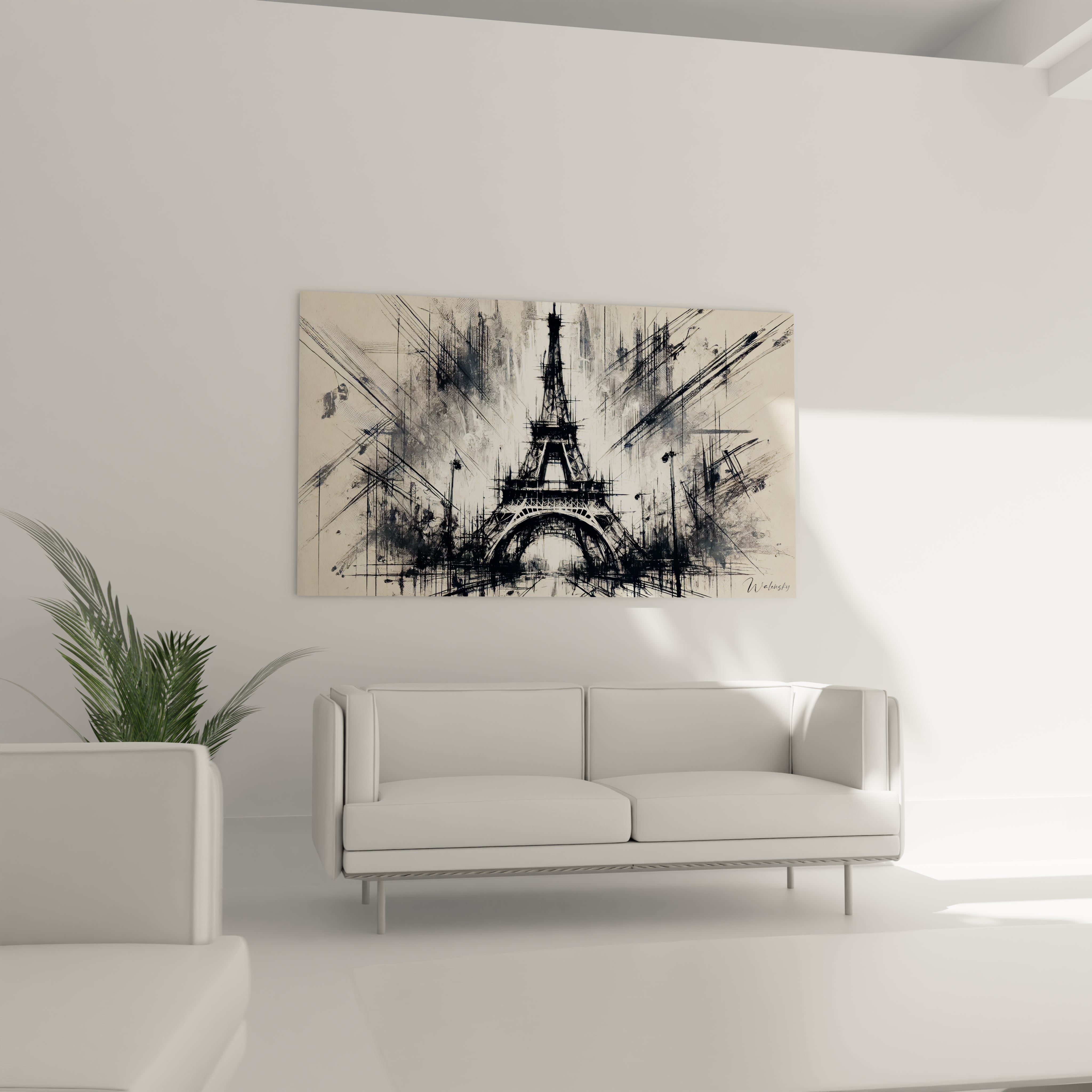 tableau Tour Eiffel dans un salon au-dessus d’un canapé apporte une touche de modernité. Ses lignes dynamiques et sa palette monochrome soulignent la sobriété et l’élégance de l’espace.

